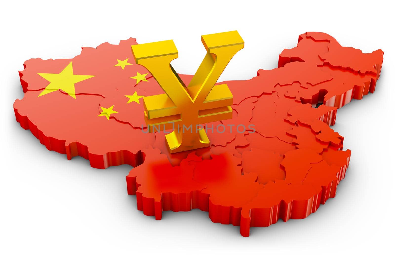 Golden sign of the yuan on the map of China. 3d rendering.