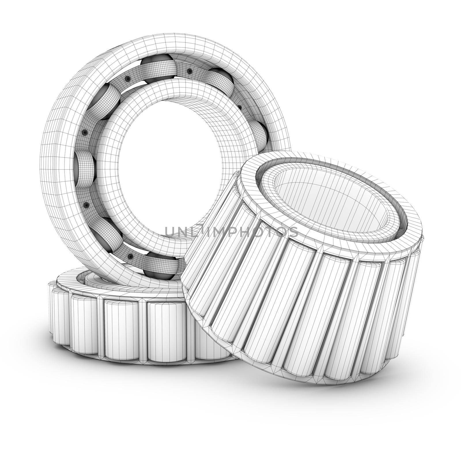 View of ball bearings structures in a cut. 3D render.