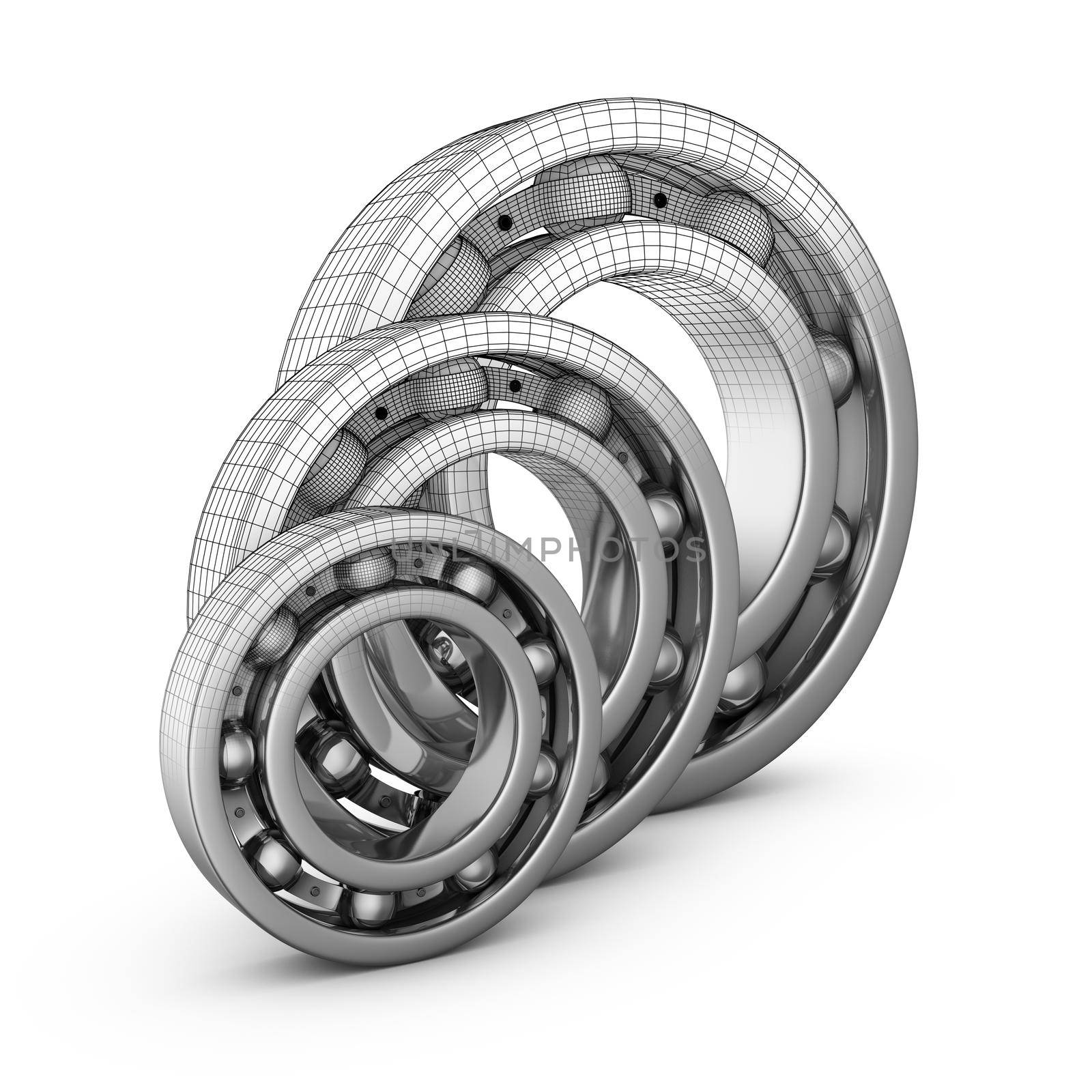 View of ball bearings structures in a cut. 3D render.