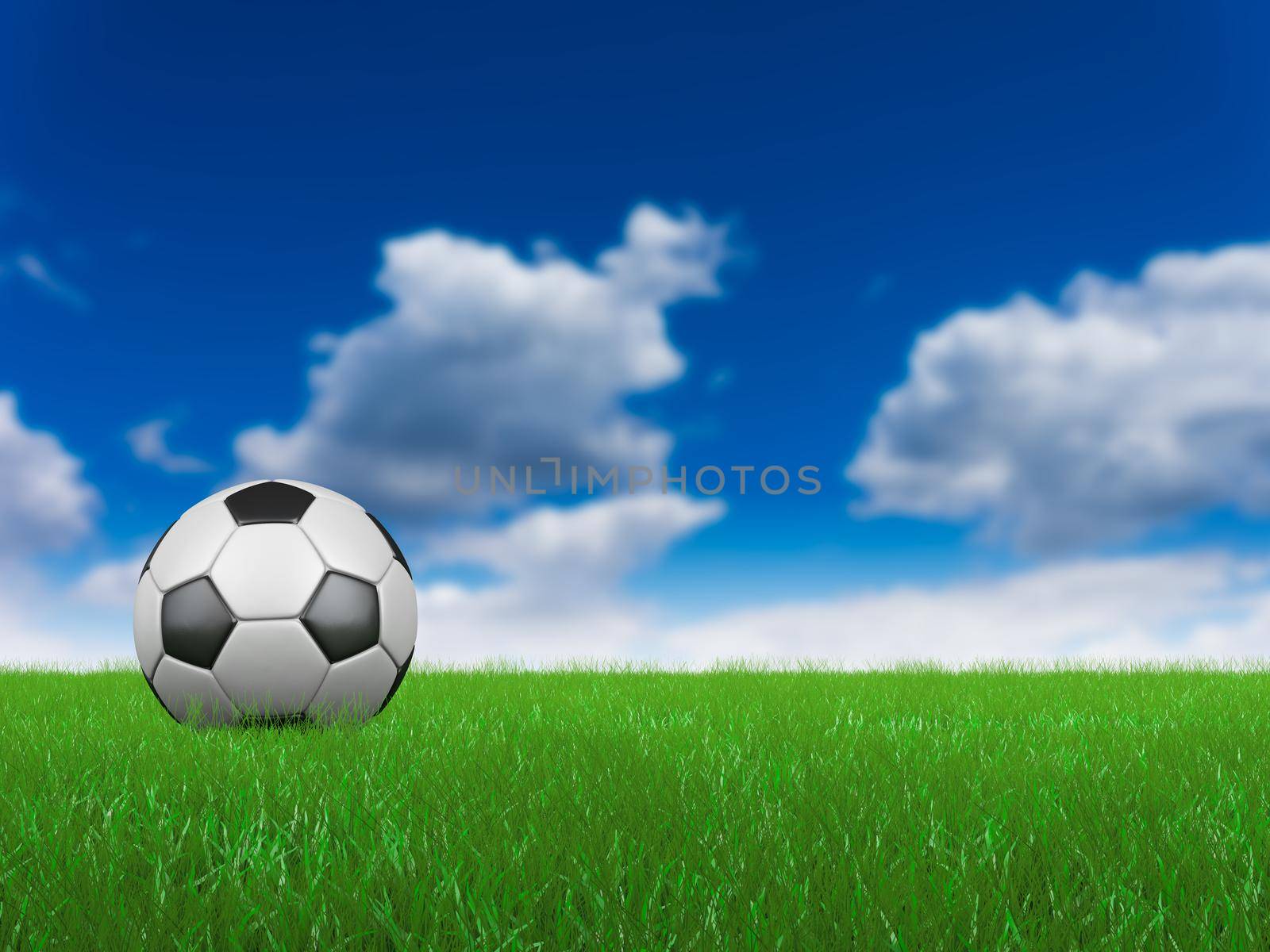 Soccer ball on grass on the blue sky background. 3D render.
