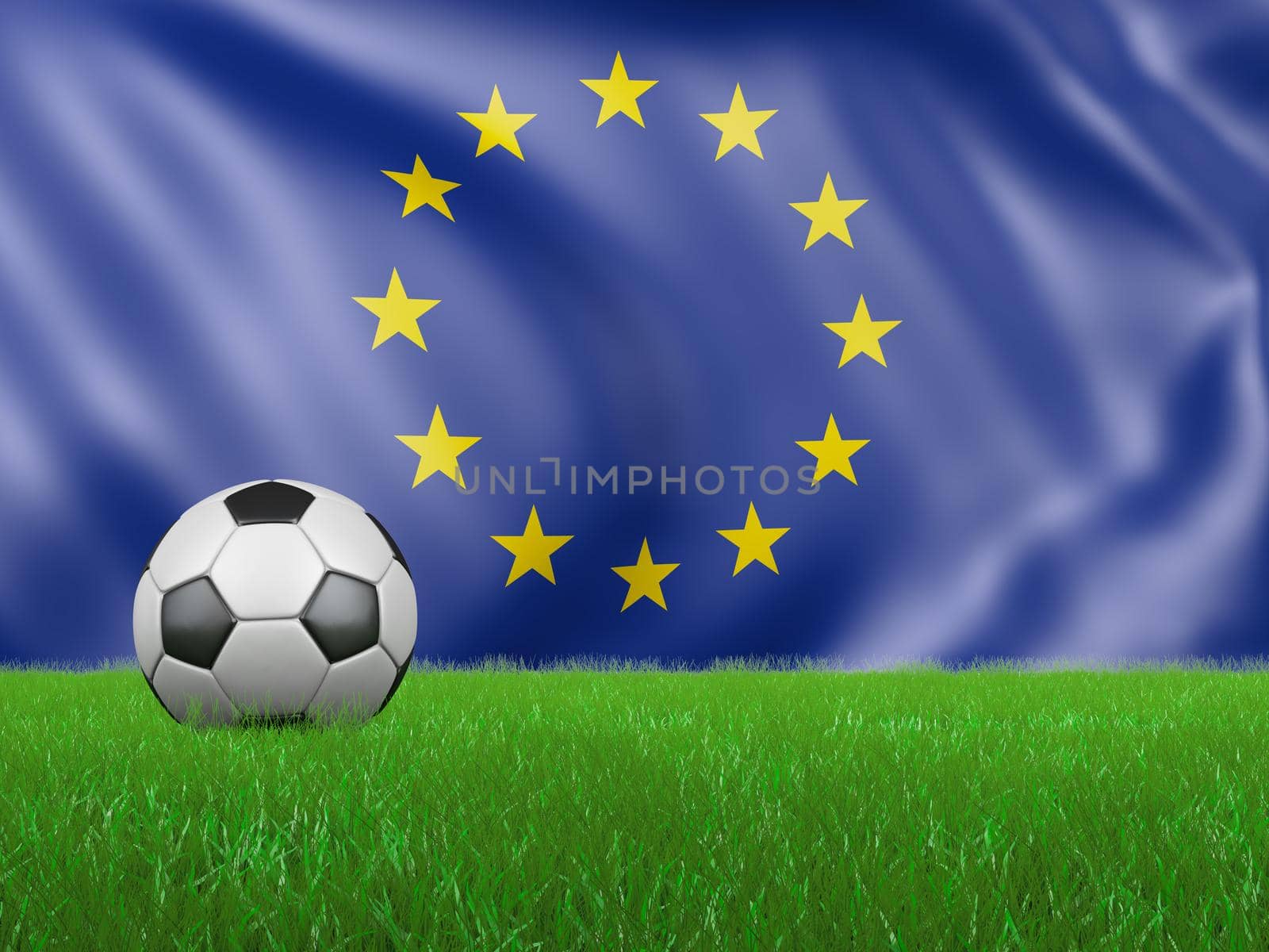 Ball on the grass on the background of the EU flag. 3d rendering.