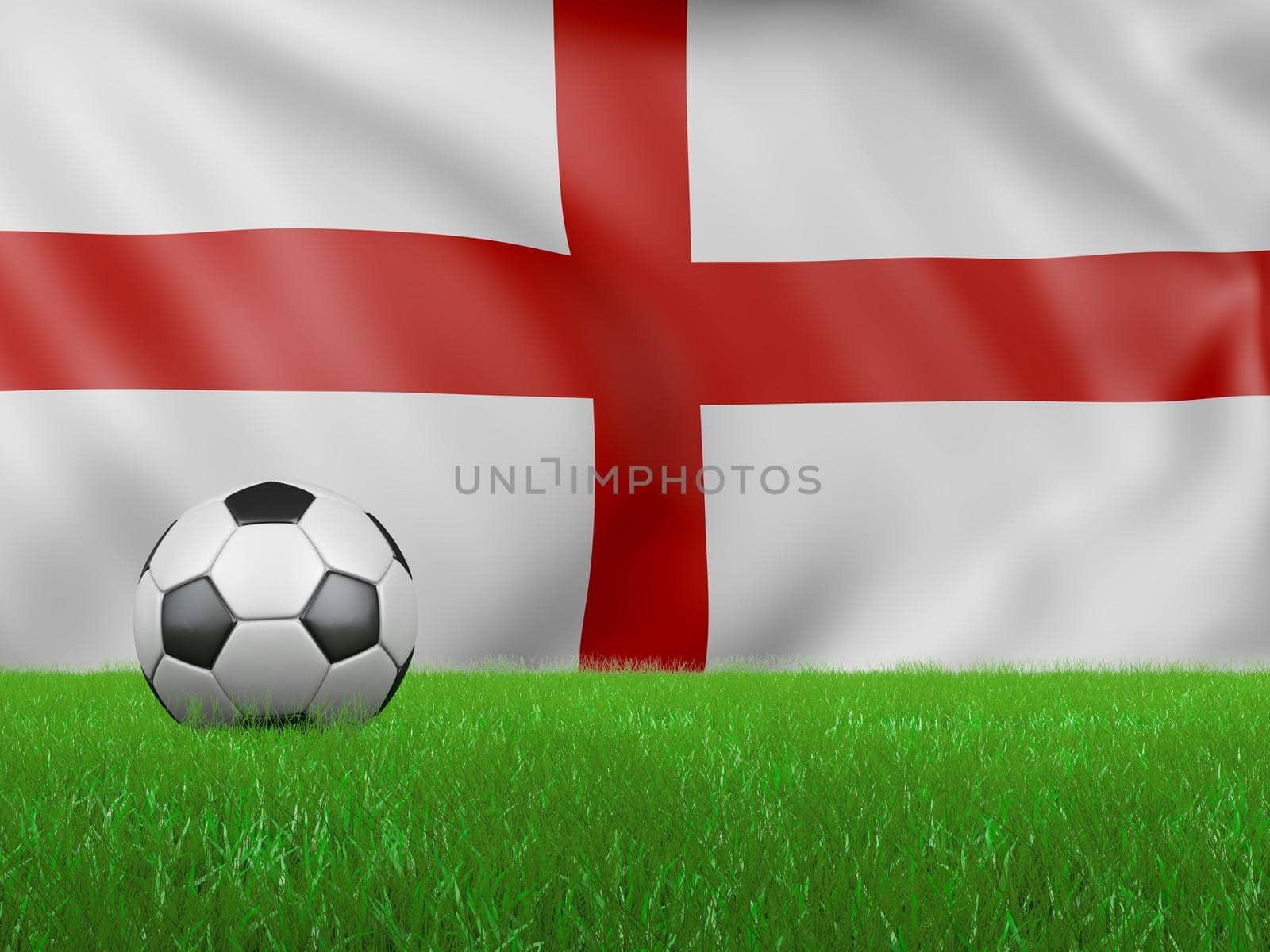 Ball on the grass on the background of the flag of England. 3d rendering.
