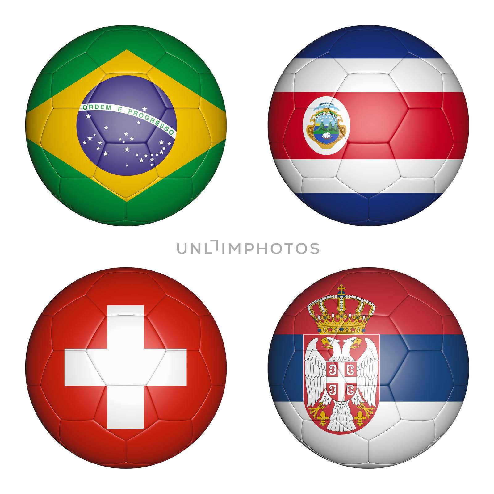 Four balls with the image of the flags of countries, the cup of the championship of football. 3d rendering.