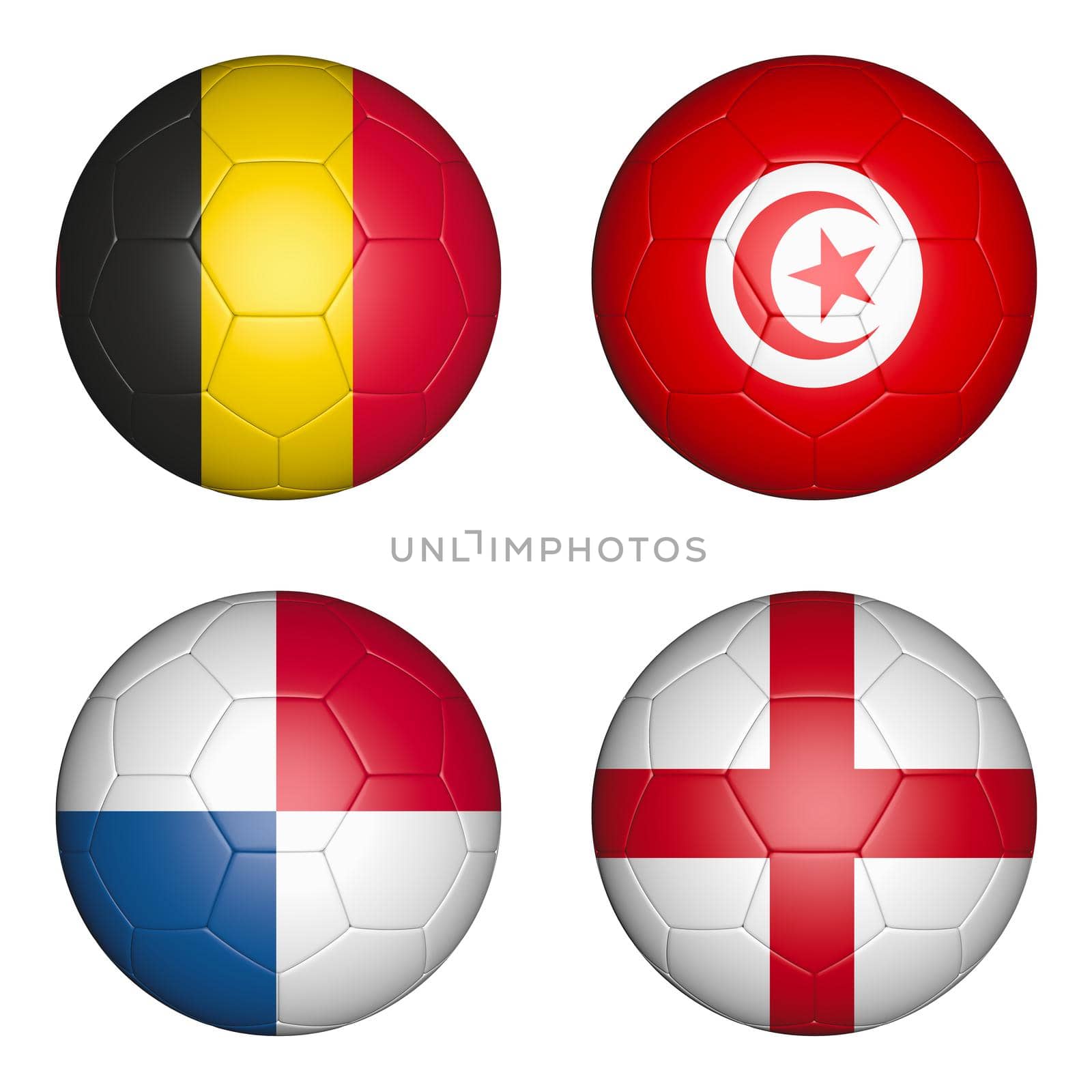 Four balls with the image of the flags of countries, the cup of the championship of football. 3d rendering.