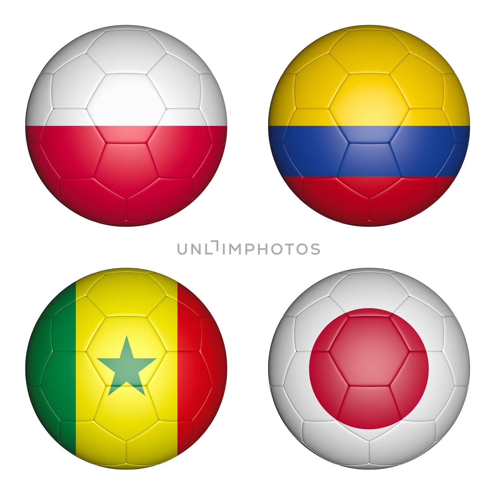 Four balls with the image of the flags of countries, the cup of the championship of football. 3d rendering.