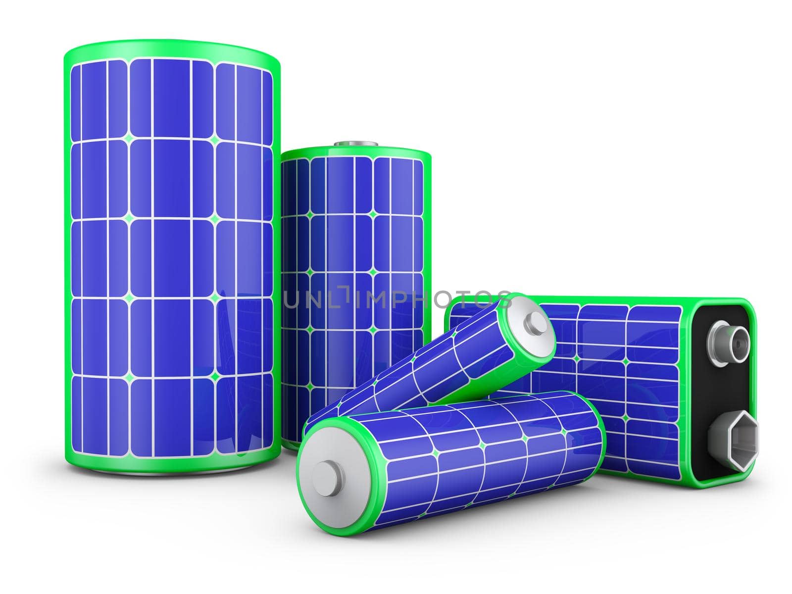 A group of batteries with solar panels on a white background. The concept of clean energy. 3d rendering.
