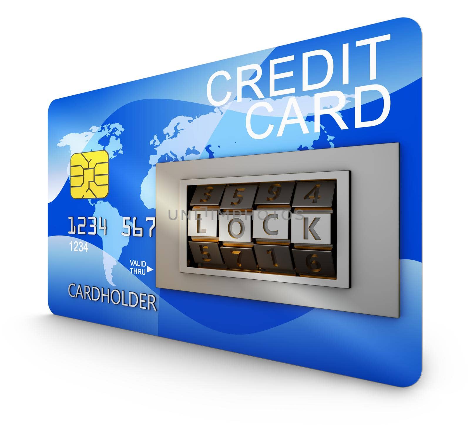 Bank card with combination lock. 3d rendering.