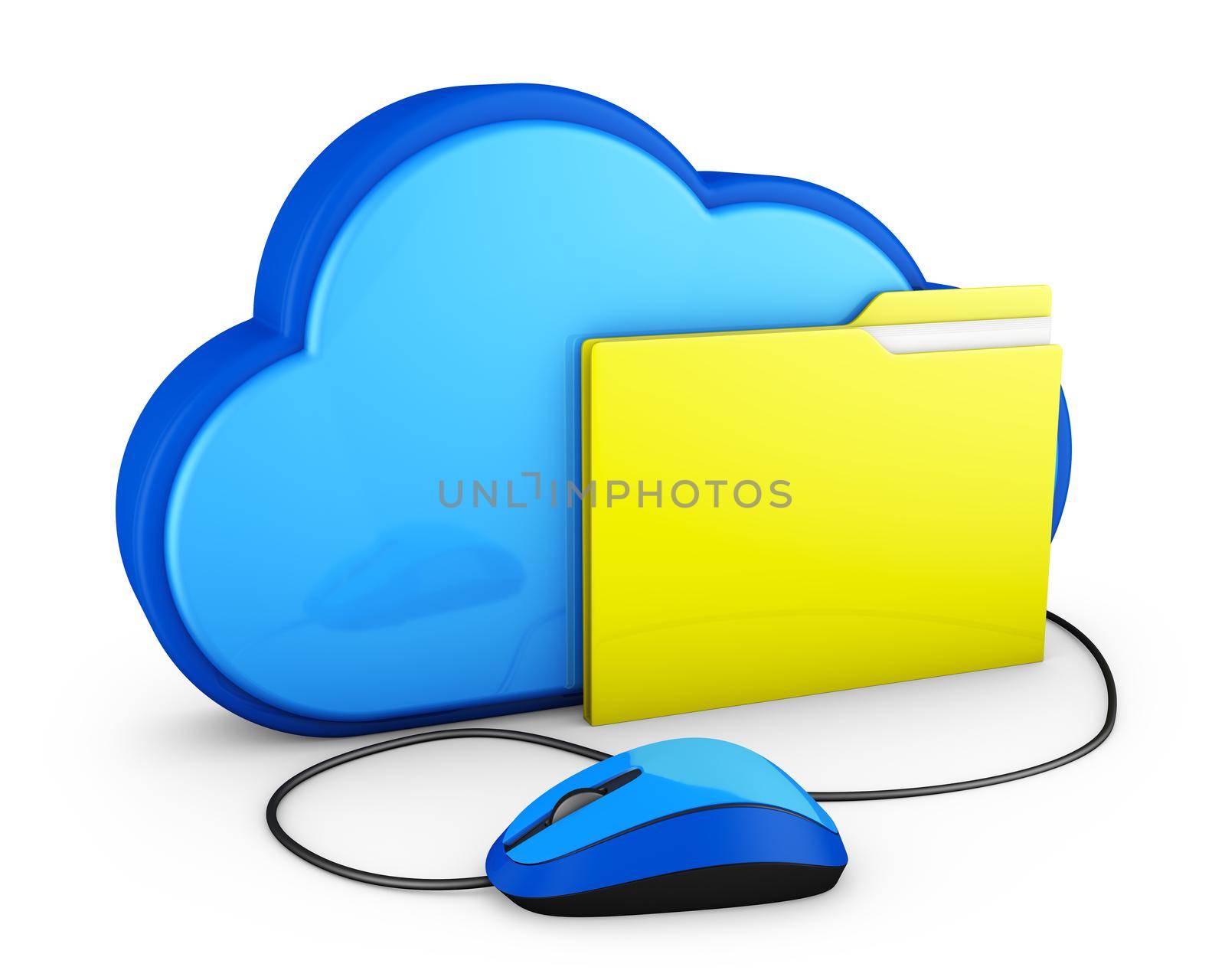 Blue cloud and yellow folder with computer mouse. 3d rendering.