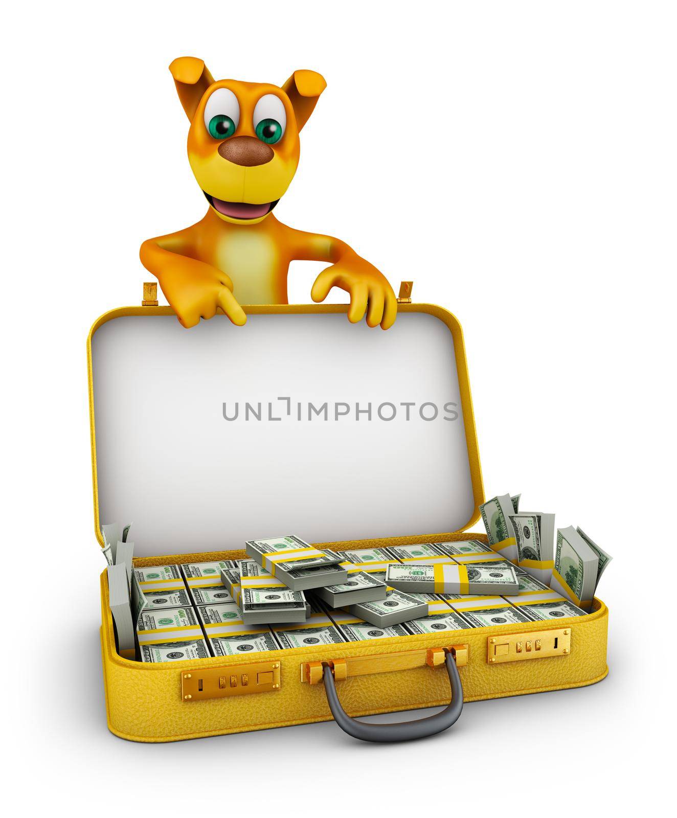 The dog is pointing at a suitcase with dollars. 3d rendering.