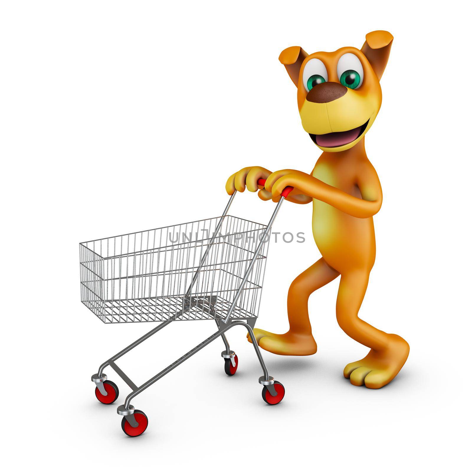 Dog with a shopping cart on a white background. 3D rendering