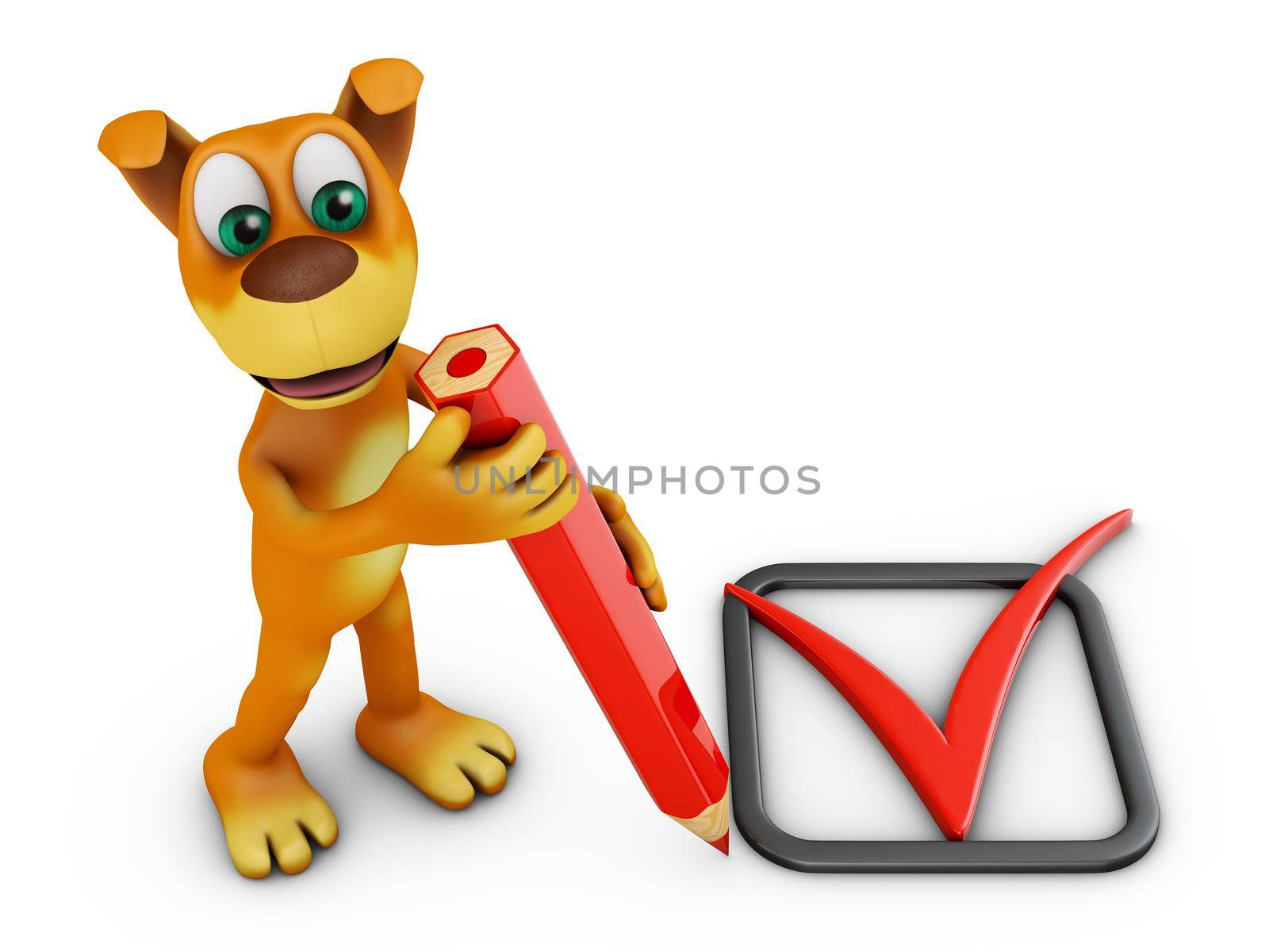 A dog with a red pencil and check mark. 3d rendering.