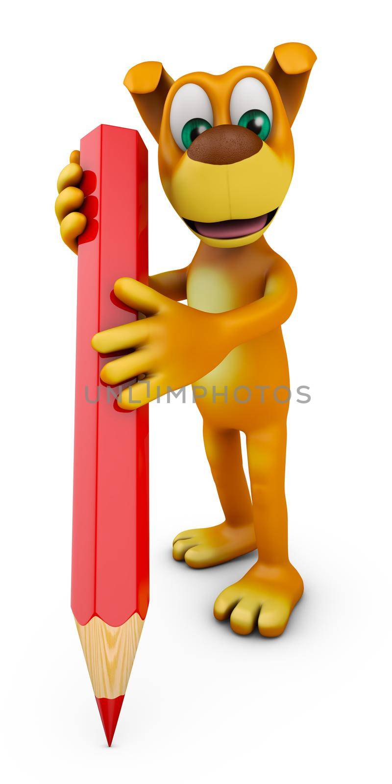 Cheerful dog with a red pencil. 3d rendering.