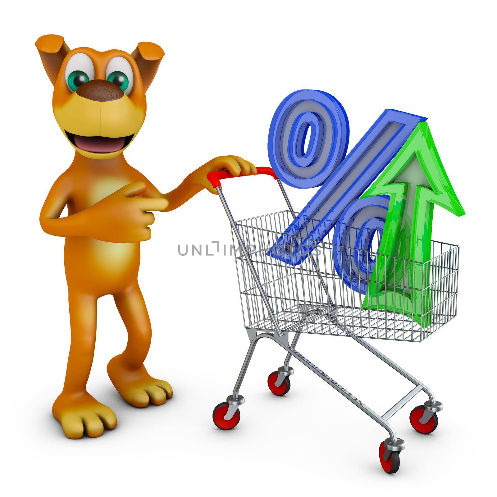 Dog with a shopping trolley and percent. 3D rendering