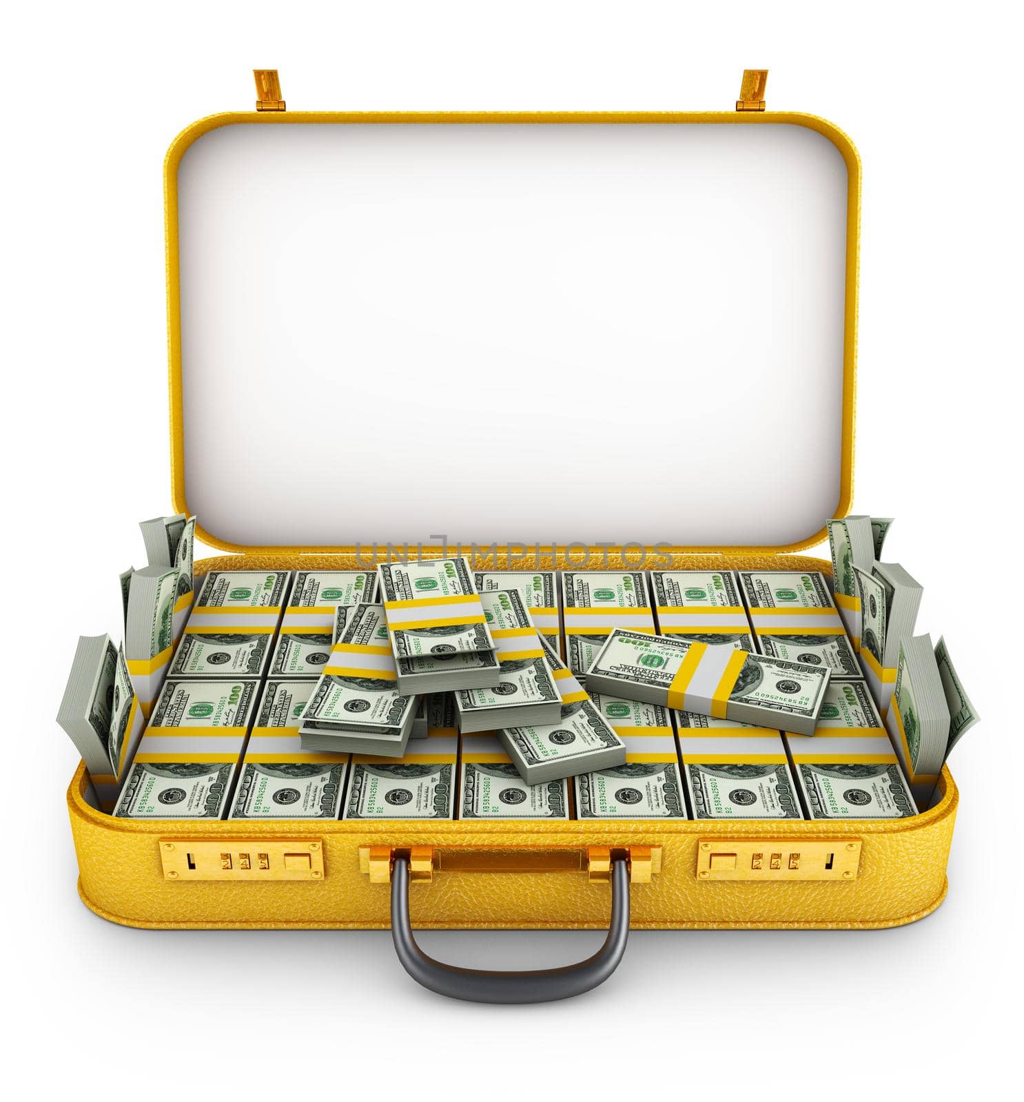 A bundle of dollars inside the suitcase. 3d rendering.