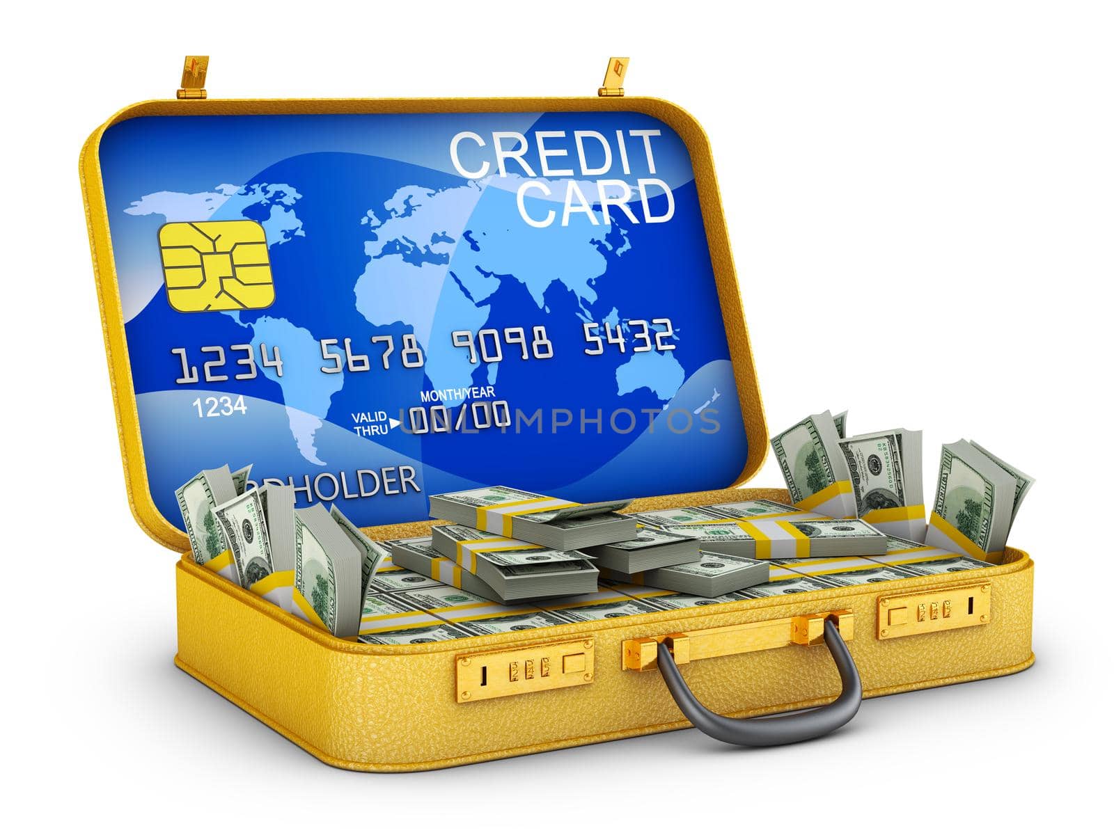 A bundle of dollars and a bank card inside the suitcase. 3d rendering.