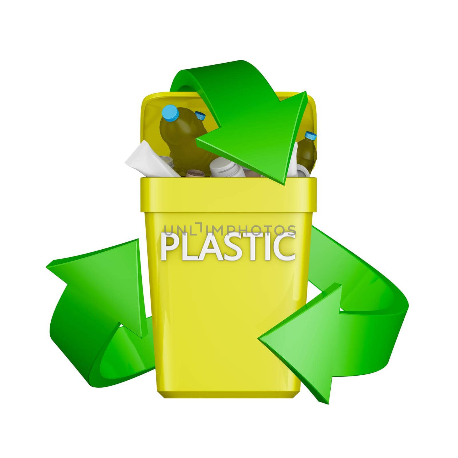 Recycling sign and the container with plastic waste. 3D rendering.