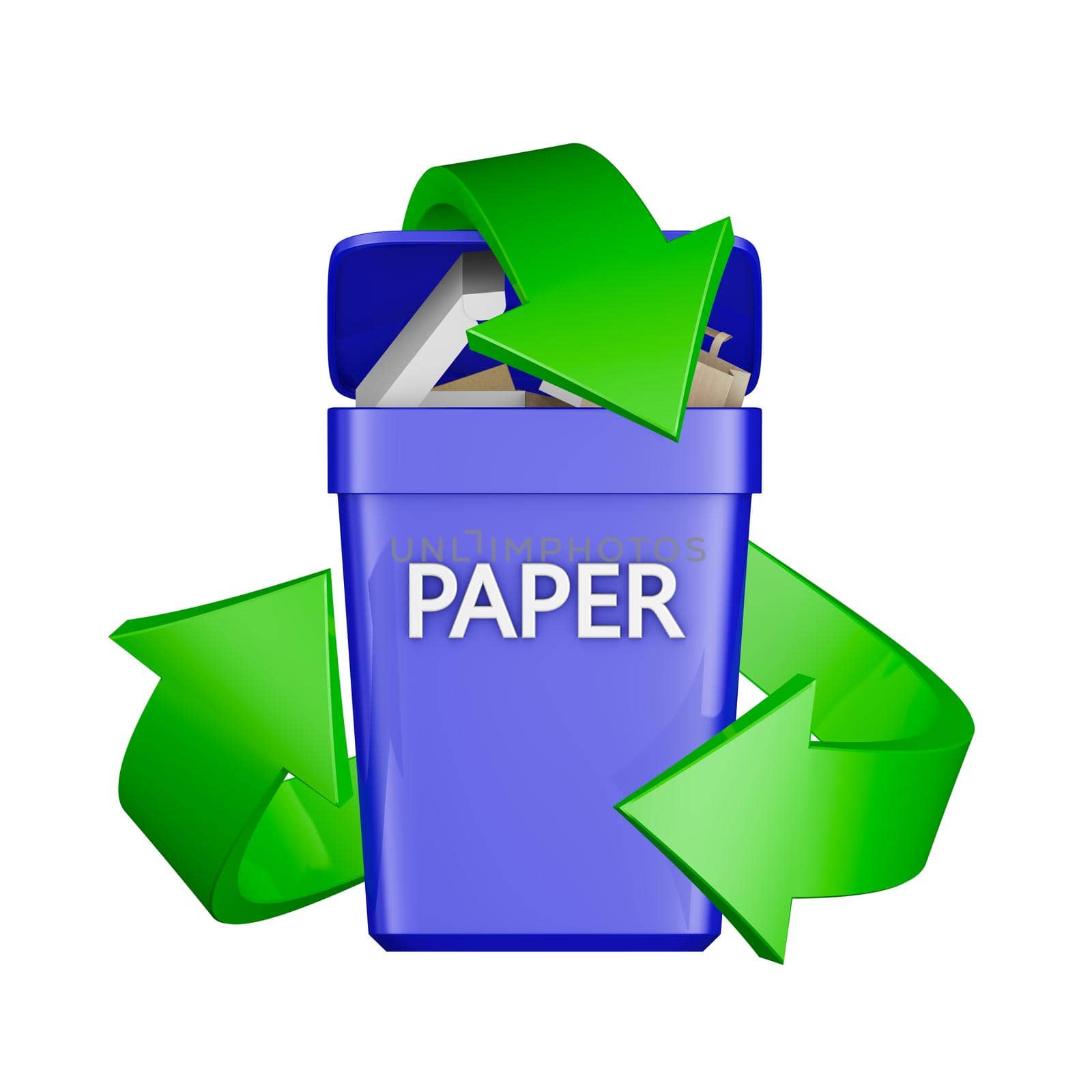 Recycling sign and a container with waste paper. 3D rendering.