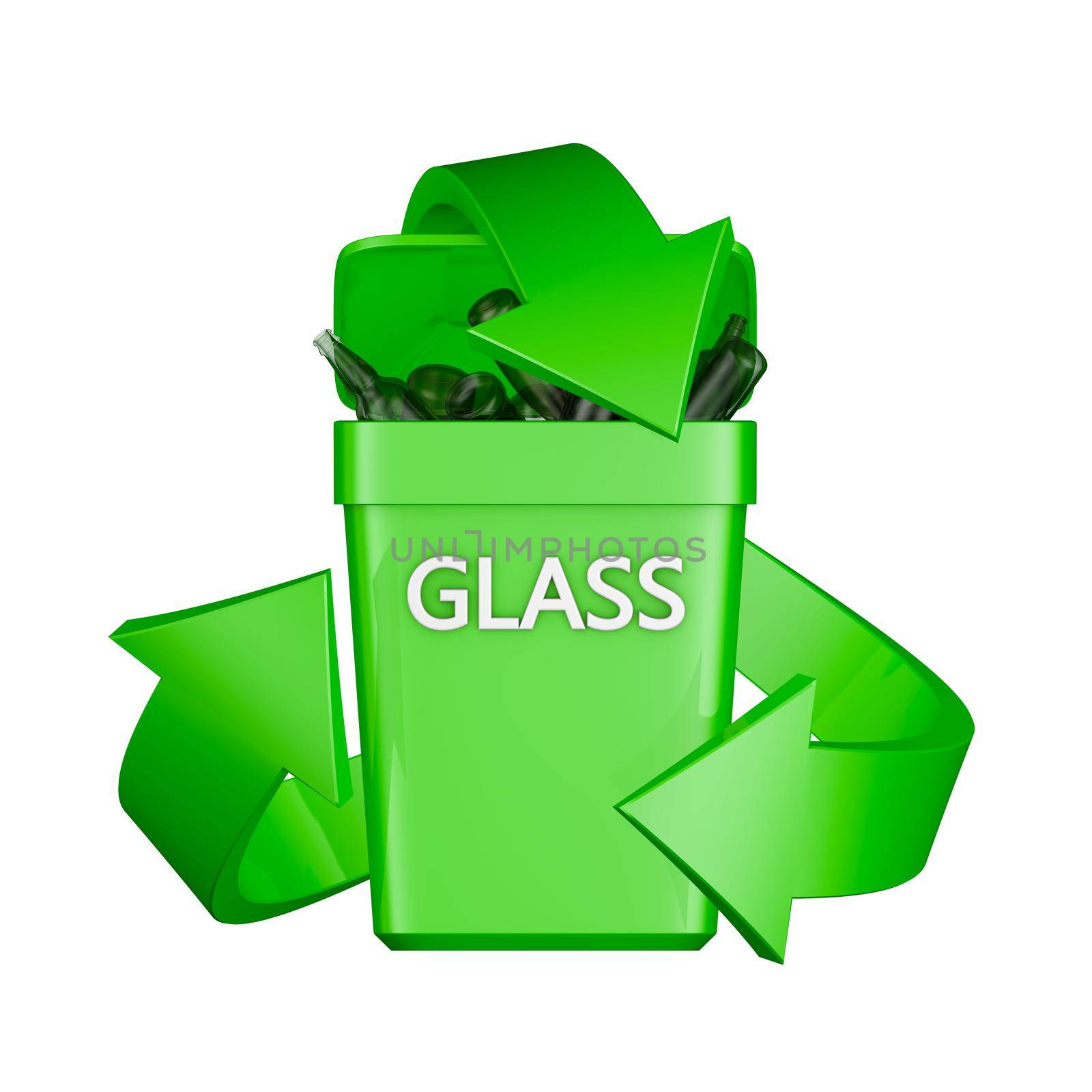 Recycling sign and container glass waste. 3D rendering.