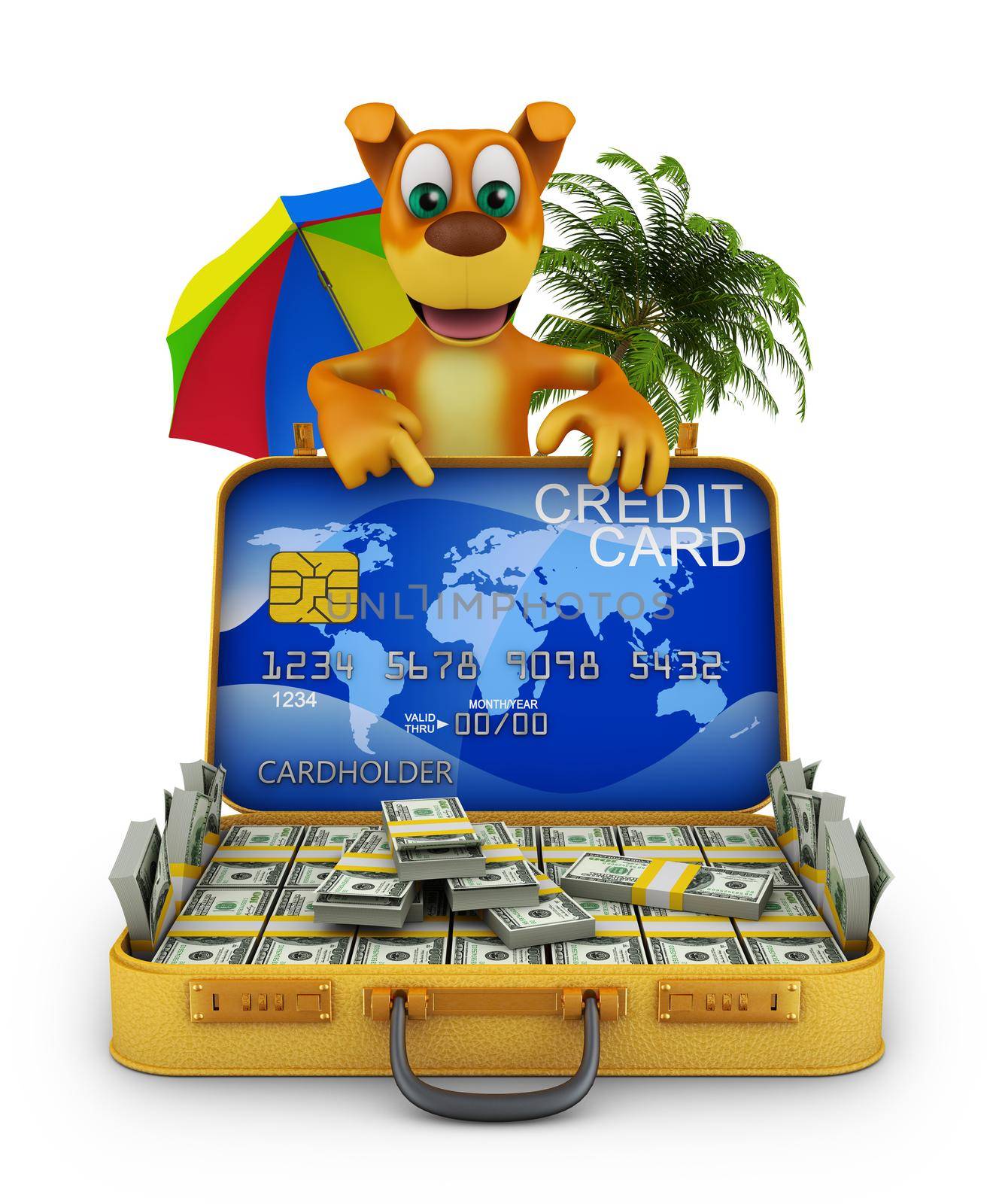 The dog is pointing at a suitcase with dollars and a credit card. 3d rendering.