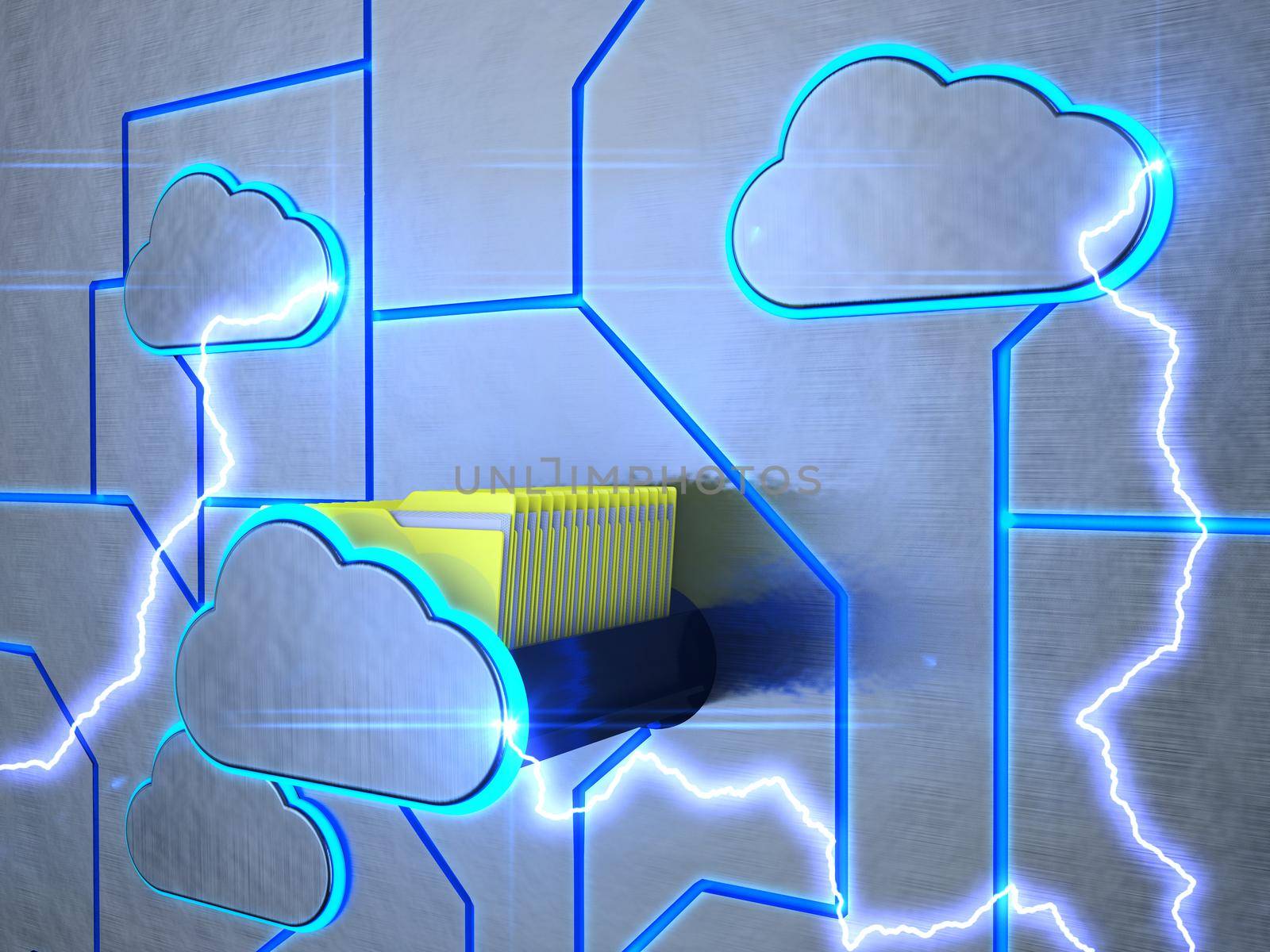A drawer in the form of a cloud with folders. 3d rendering.