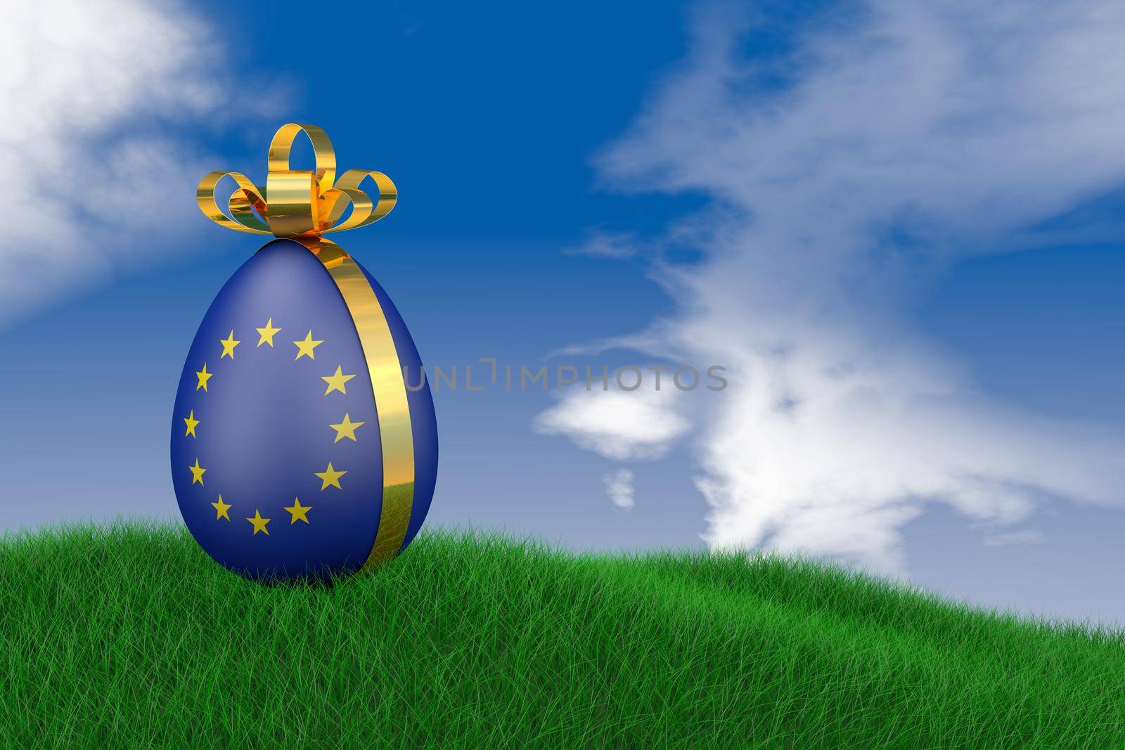 Easter egg with a flag of the European Union in the grass. 3d render.