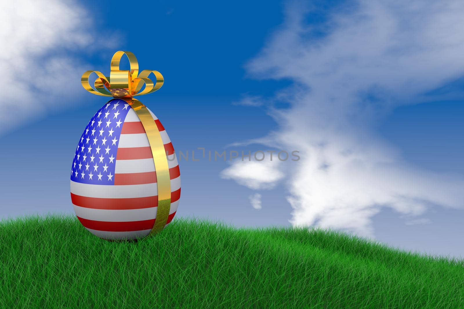 Easter egg with USA flag in the grass. 3d render.