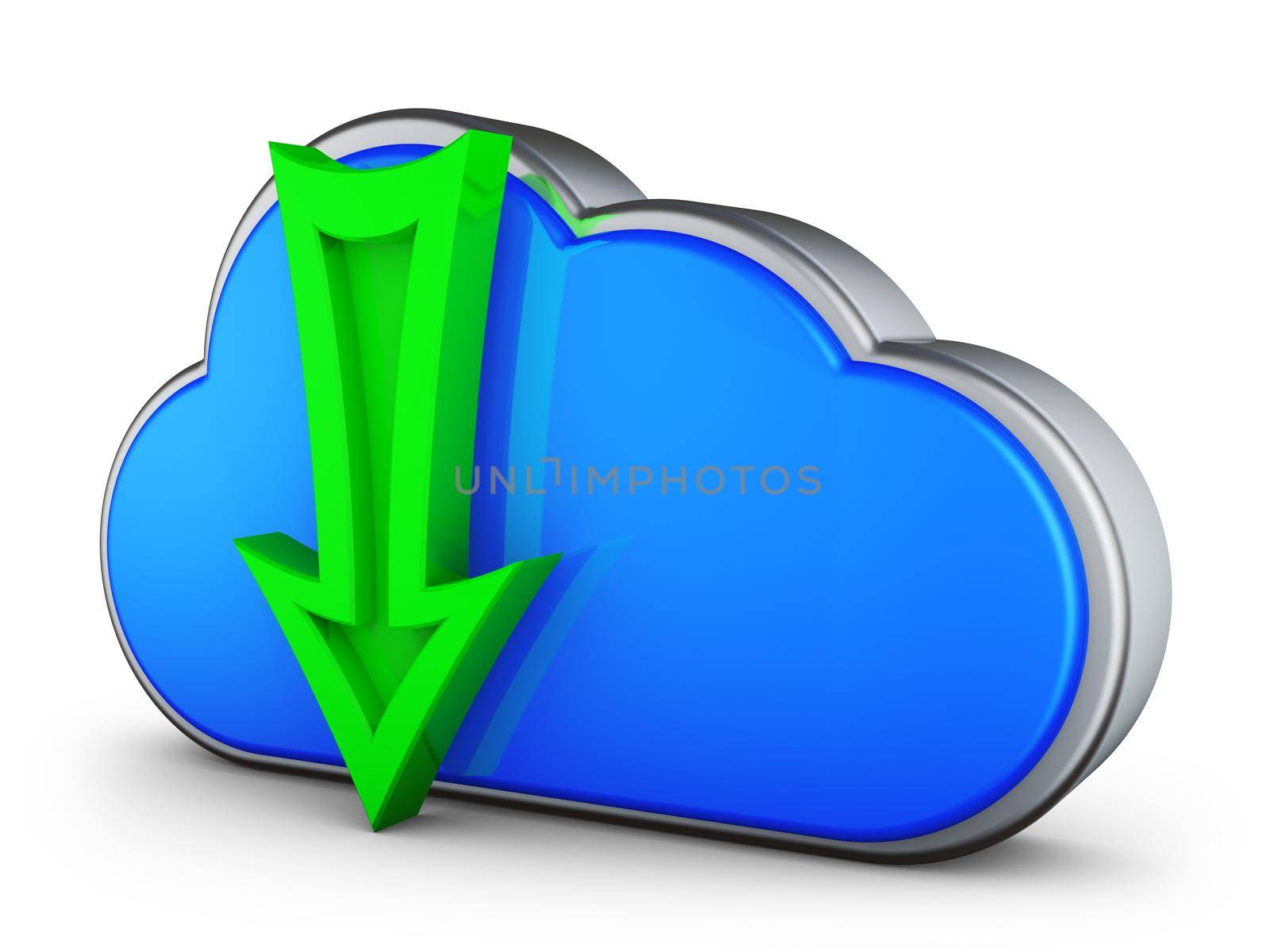 A blue cloud and a green arrow. 3d rendering.