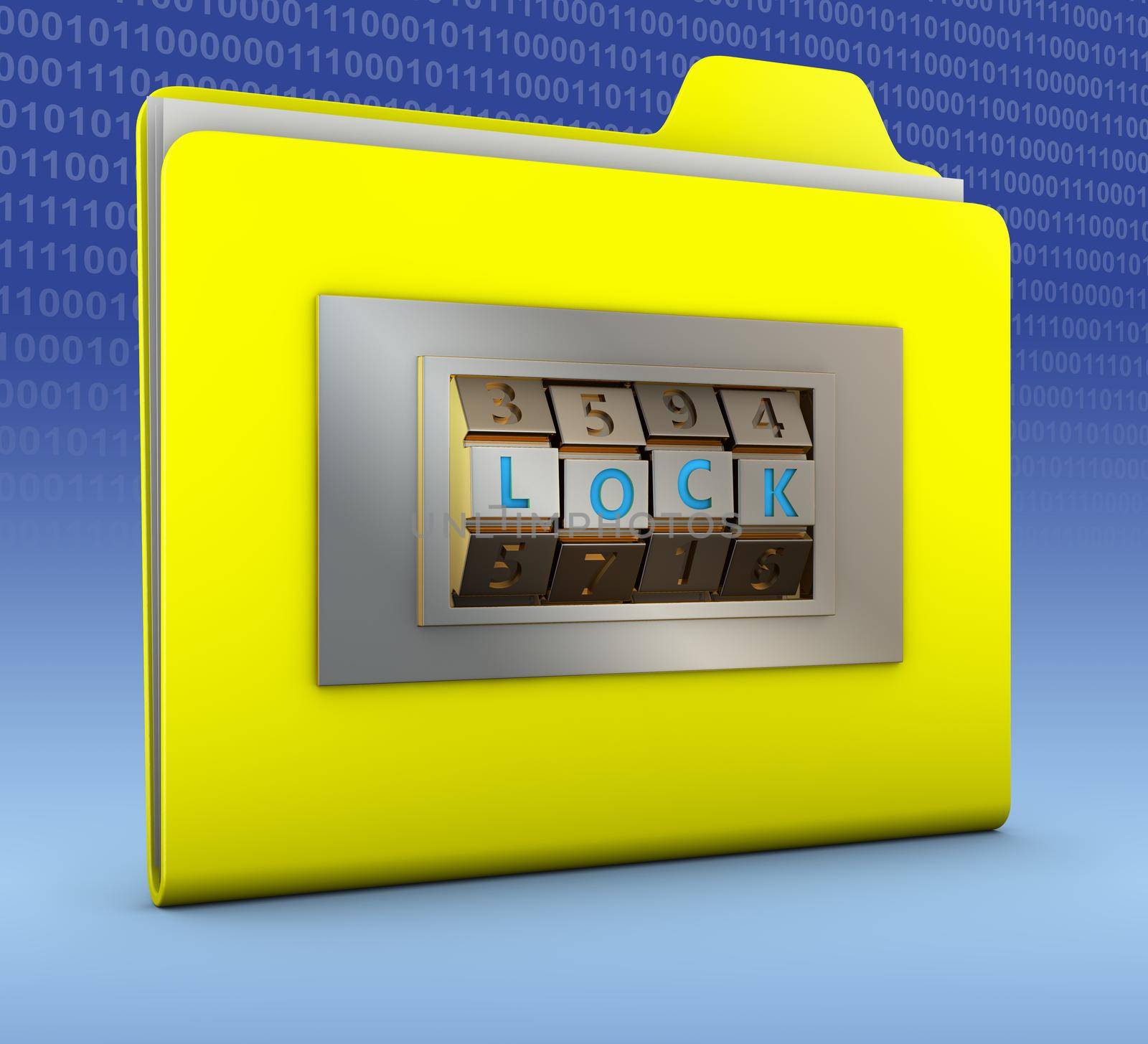 Yellow folder with combination lock. 3d rendering.