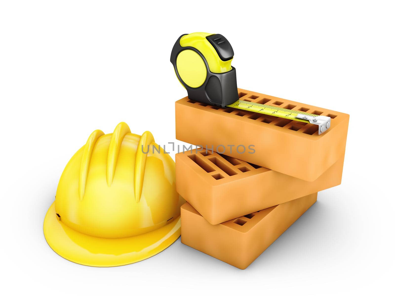 measuring tape next to the helmet and bricks. 3d rendering.