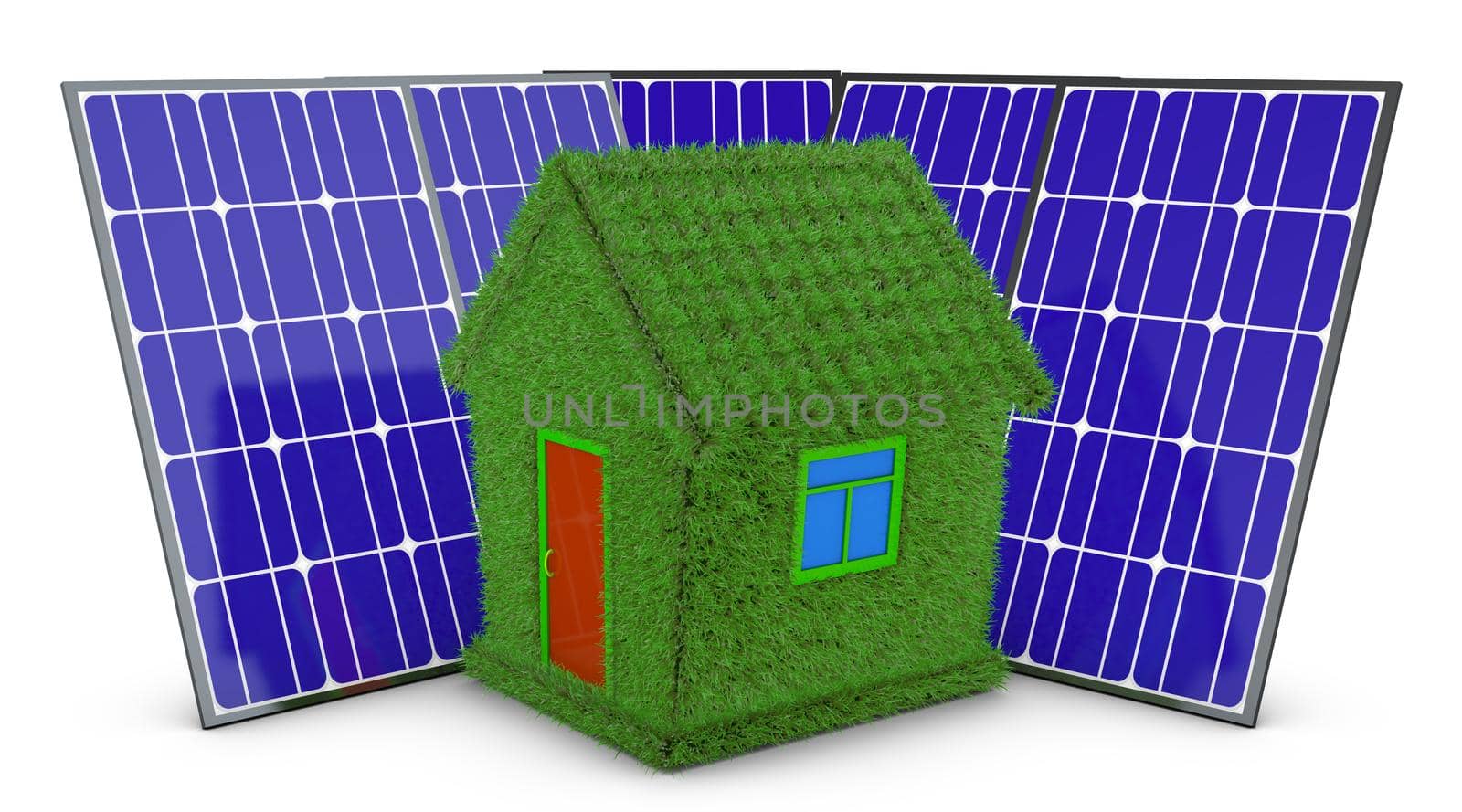 House covered with grass and solar panels. 3d rendering.