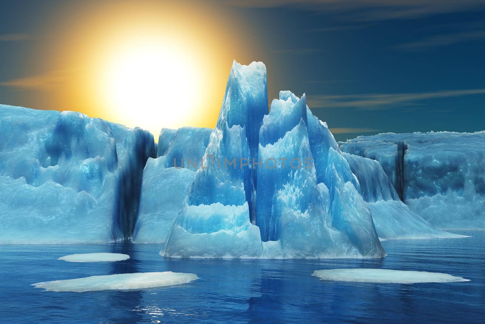 Iceberg in the background of the sun. 3d render.