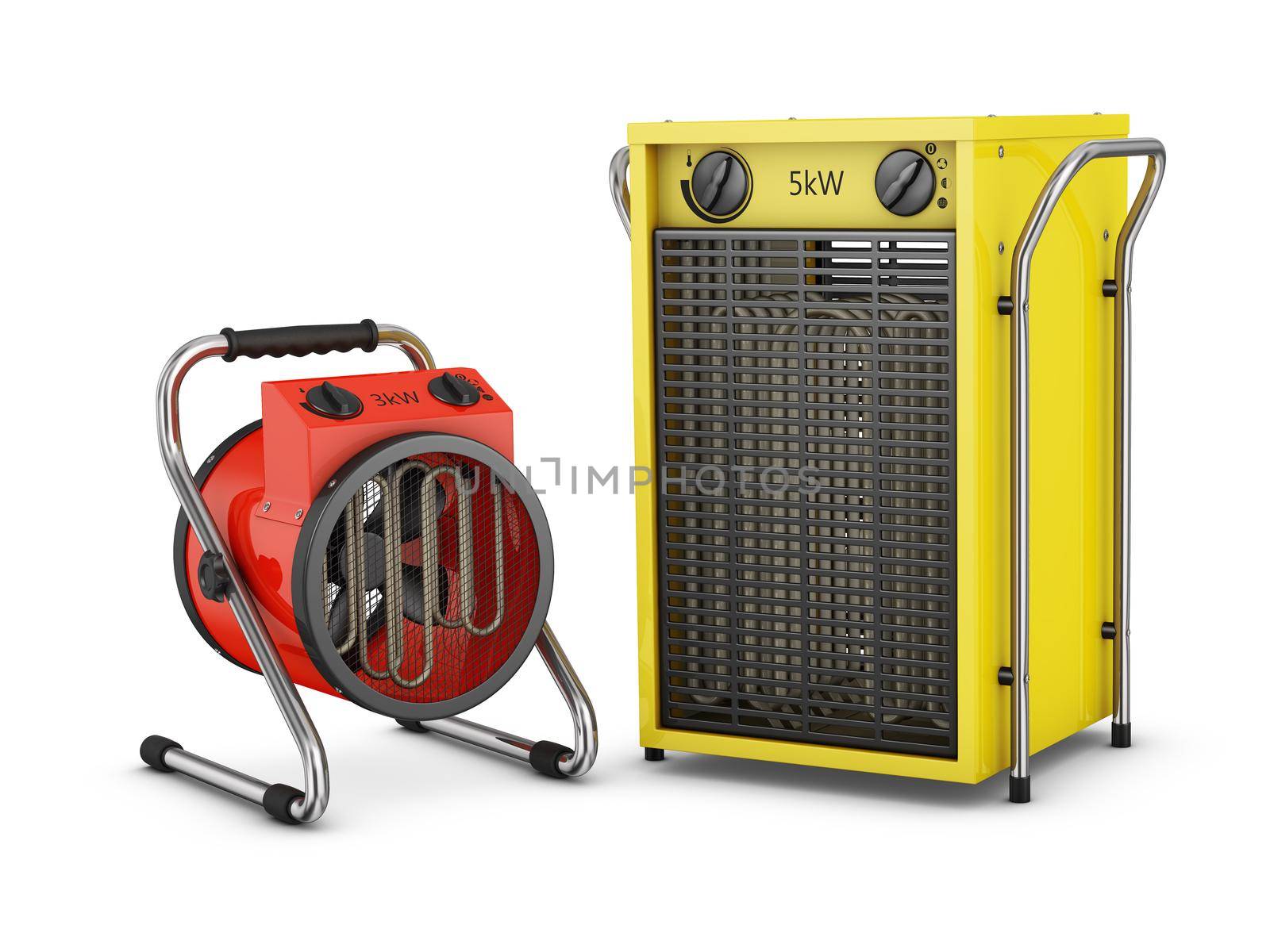 Industrial heat fans on a white background. 3d rendering.