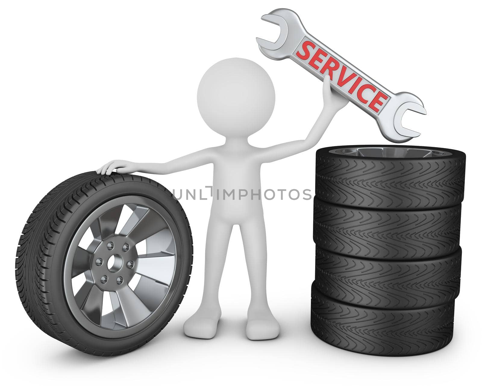 A man with a wrench and a wheels. 3d rendering.