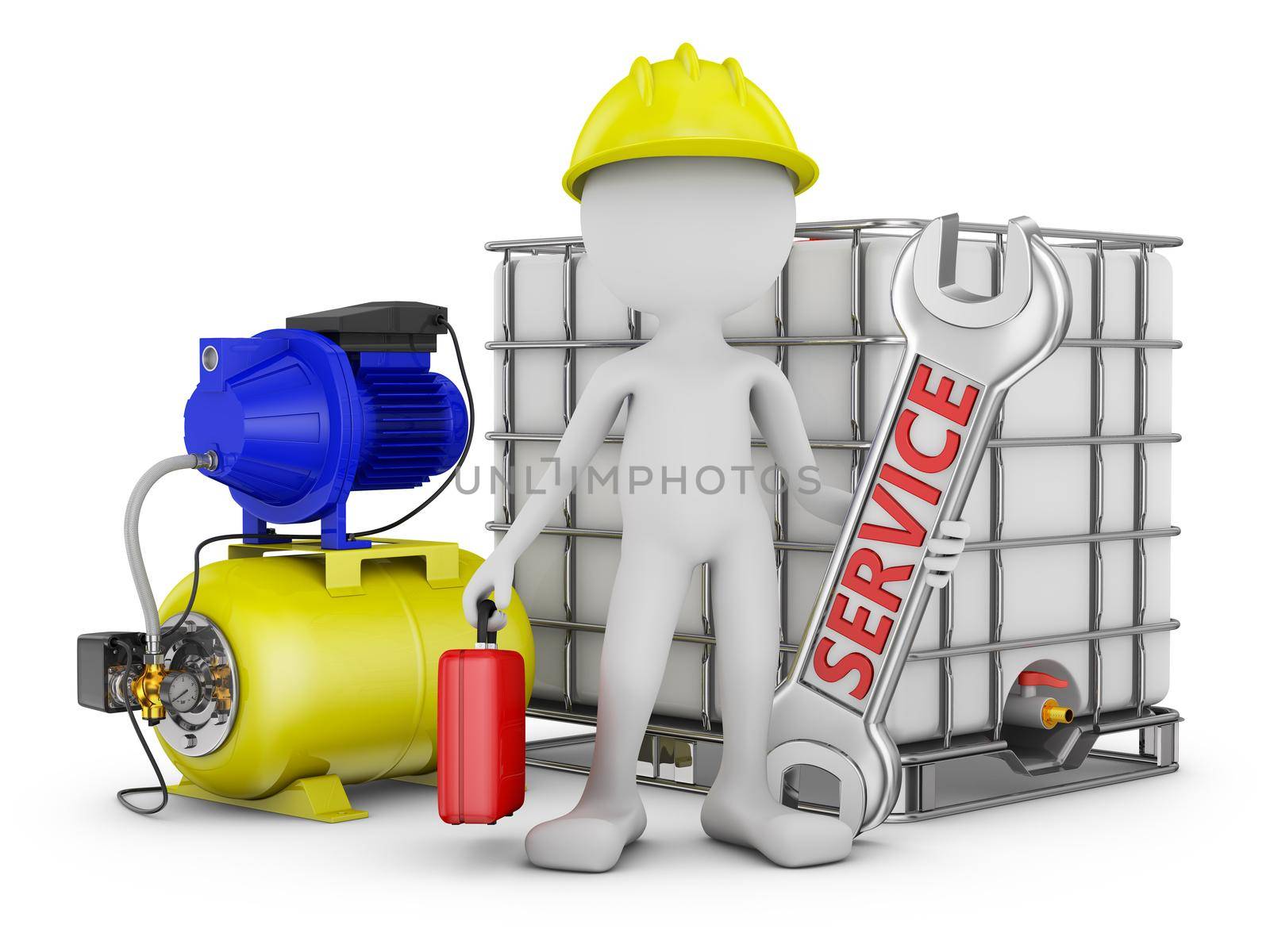 a man with a wrench and a pumping station. 3d rendering.