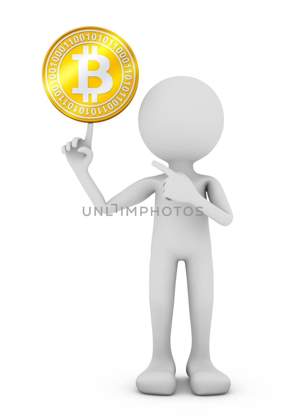 The man holds a bitcoin coin on his finger. 3d rendering.