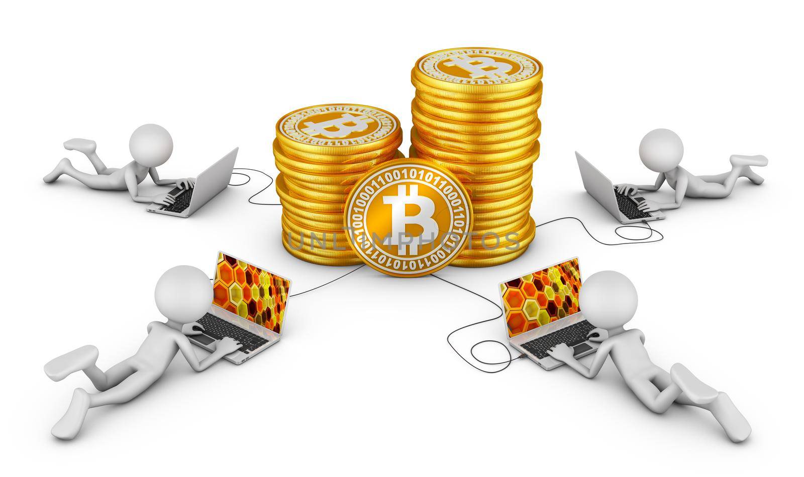 Men with laptops around coin Bitcoins. 3d rendering.