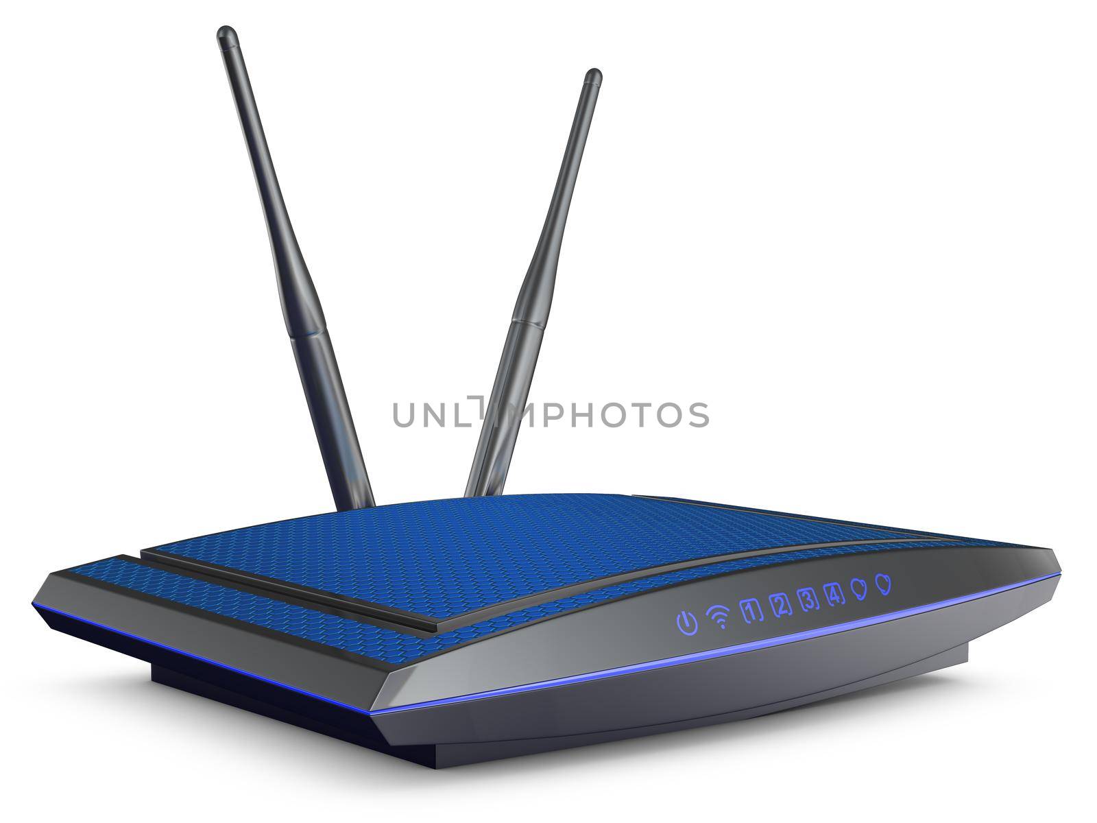 modern router with blue light on a white background. 3d rendering.