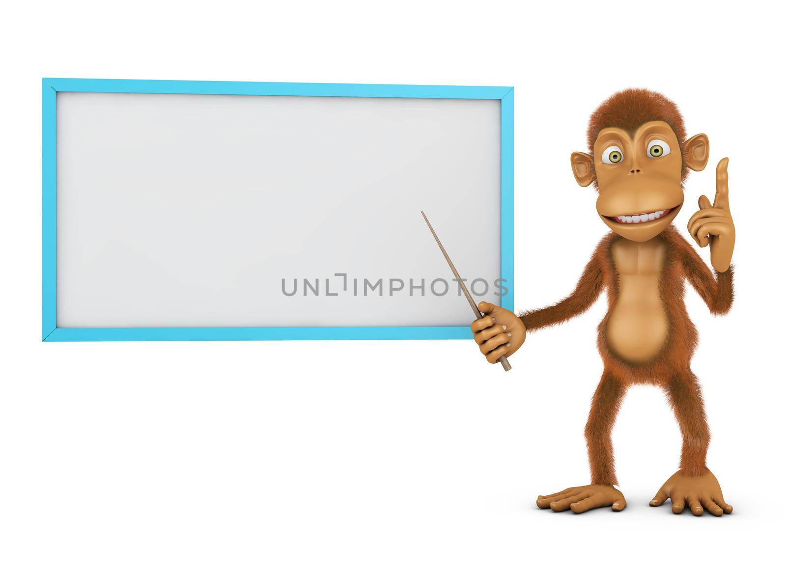 Brown monkey points on the board. 3d rendering.