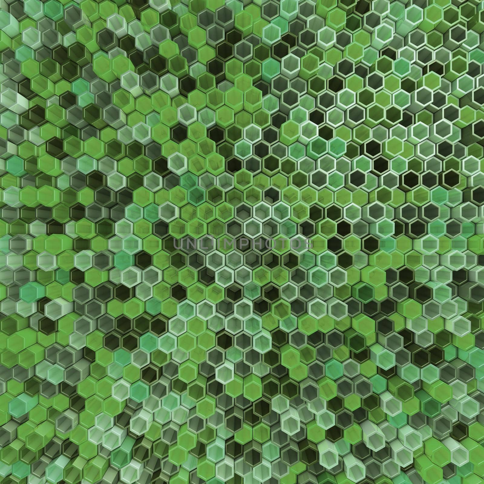 A network of hexagons green hue, which change height. 3D render.