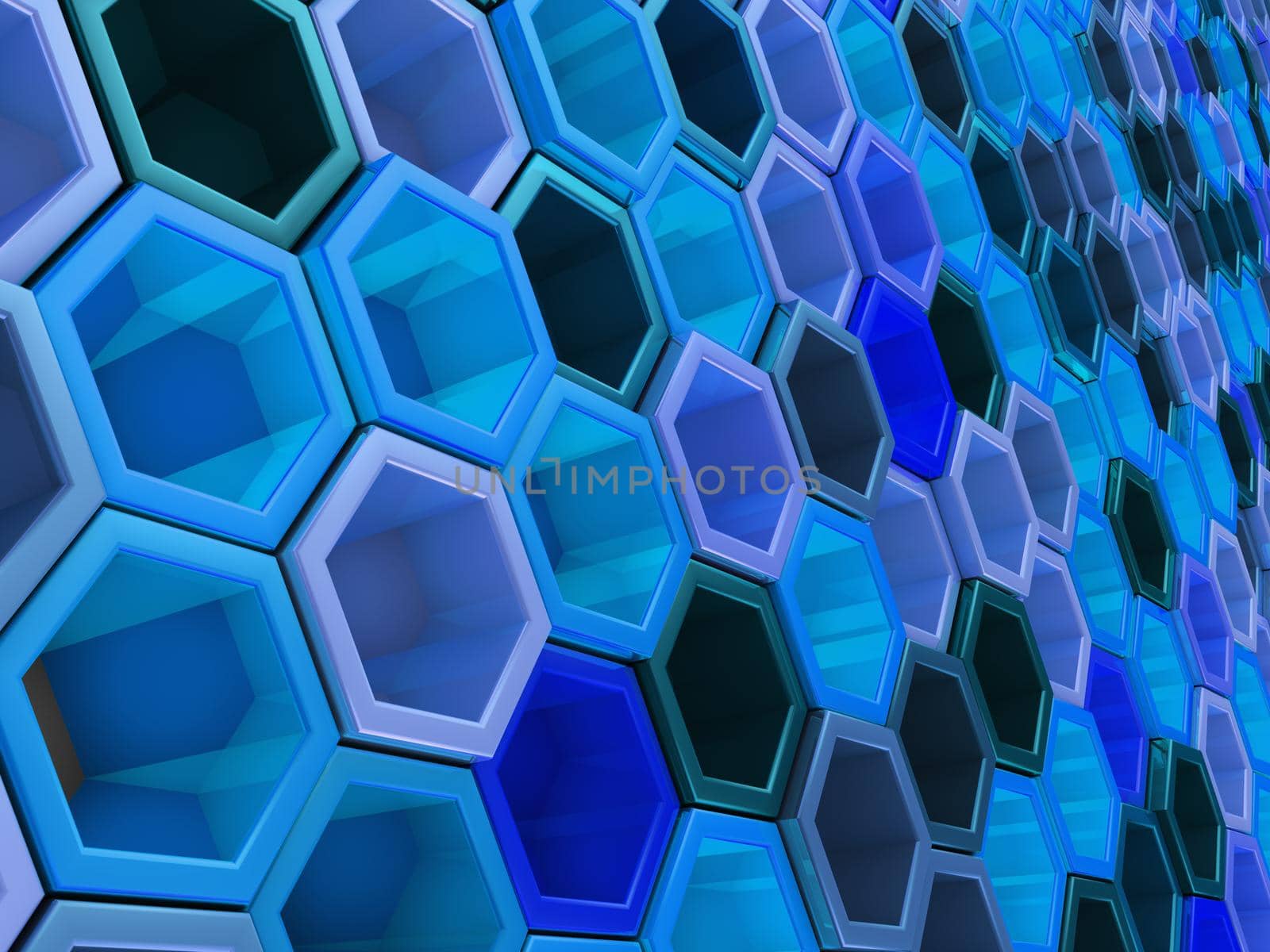 A network of hexagons blue hue, which change height. 3D render.