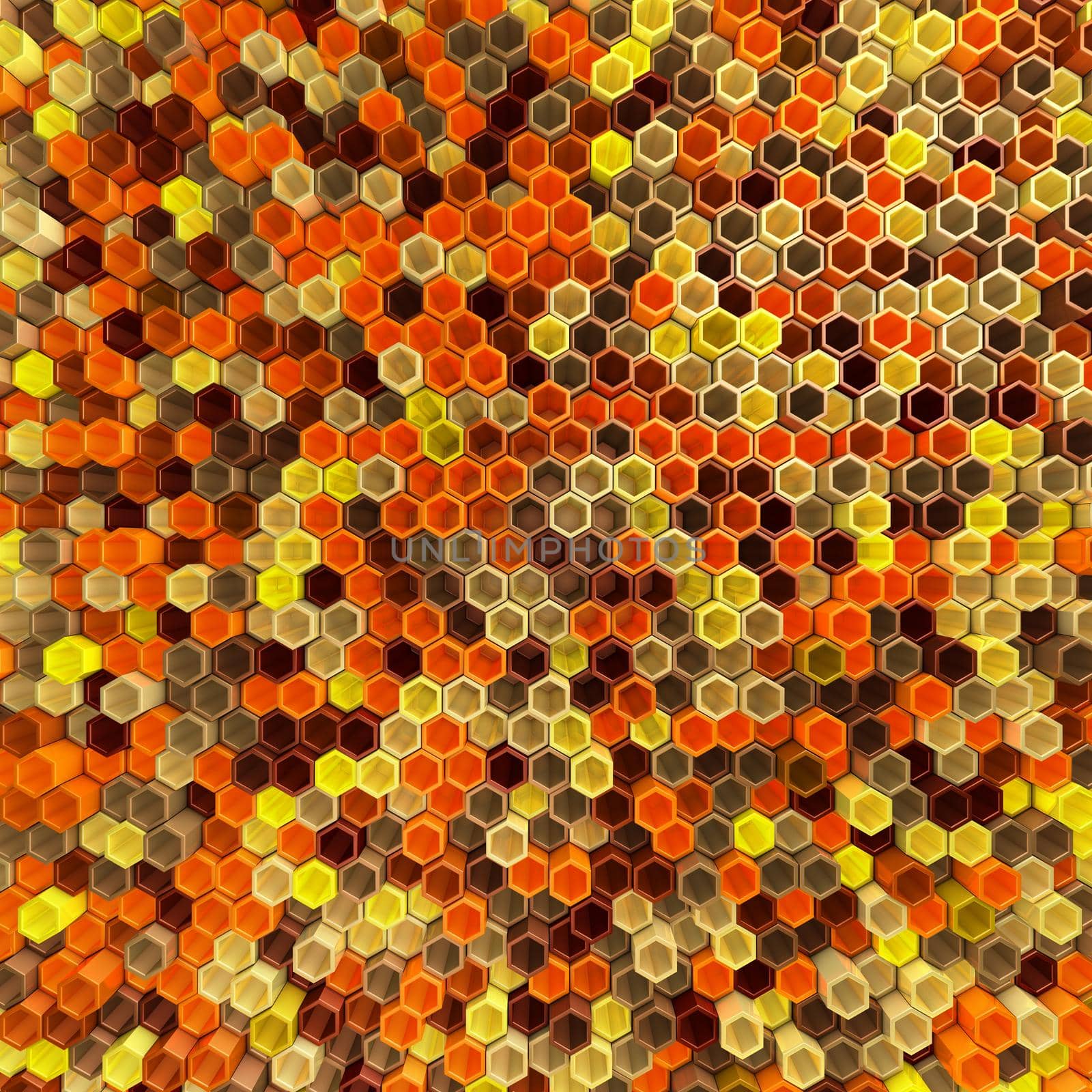 A network of hexagons yellow hue, which change height. 3D render.