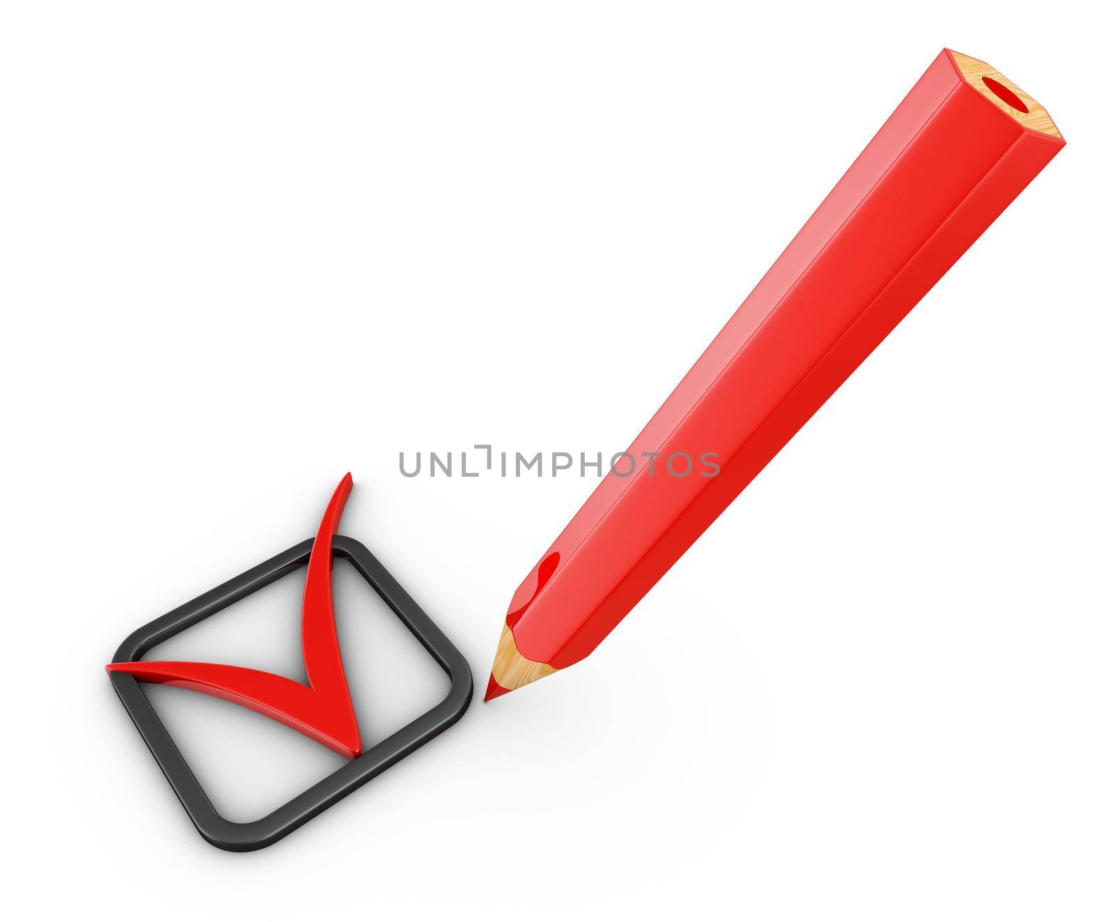 Red pencil and Heavy Check Mark. 3d rendering.