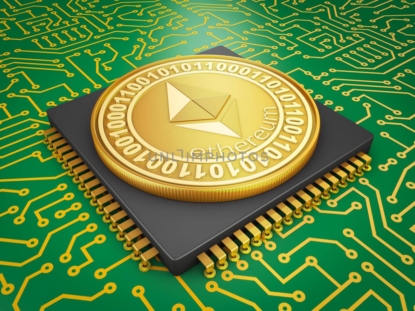 Processor and the ethereum coin. 3d rendering.