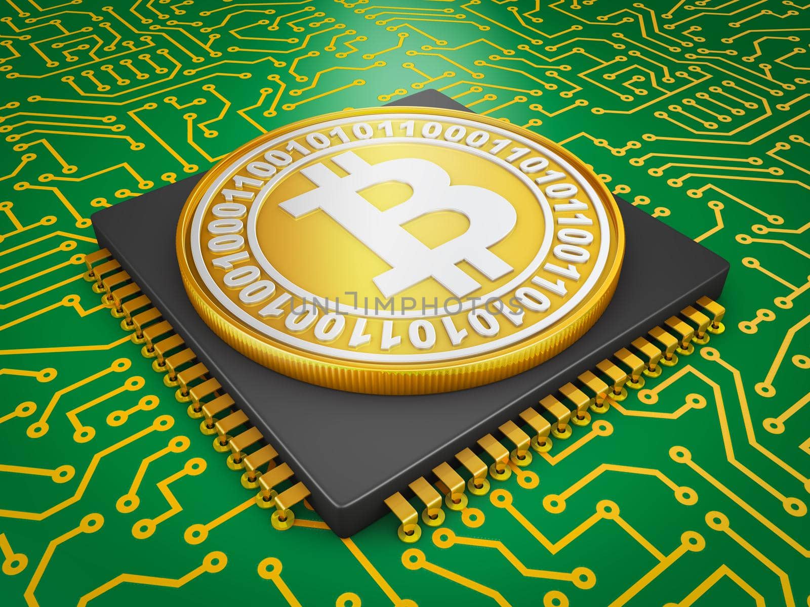 The processor on the board and coin bitcoin. 3d rendering.