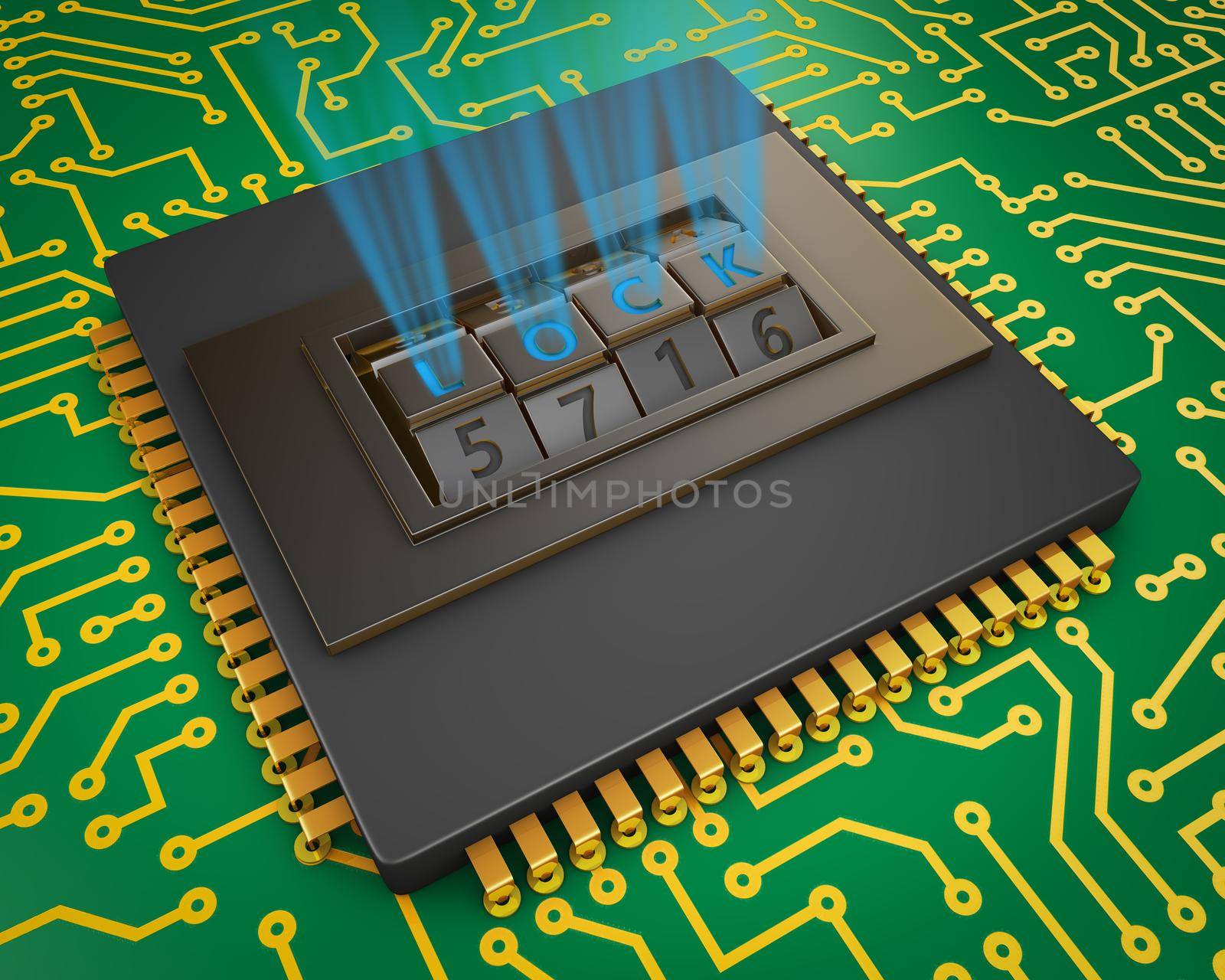 Processor with a combination lock. 3d rendering.