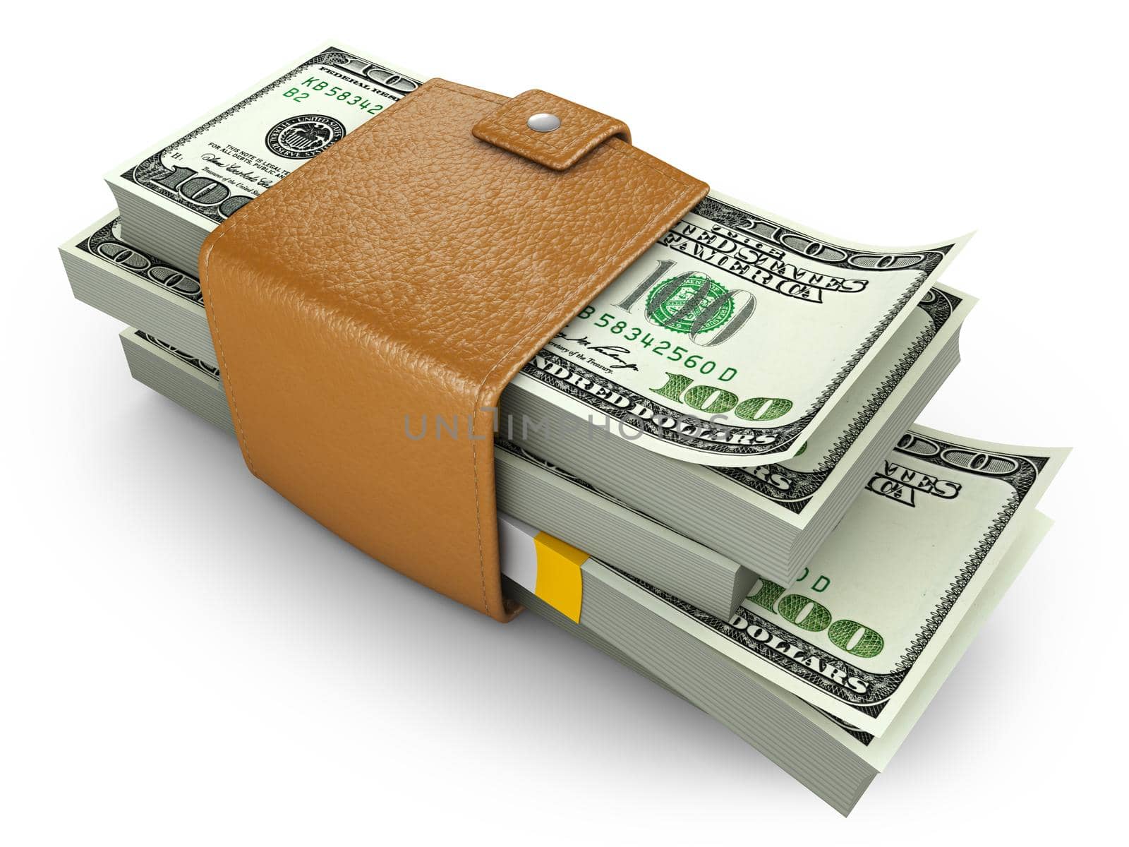 Swollen purse with piles of dollars. 3d rendering.