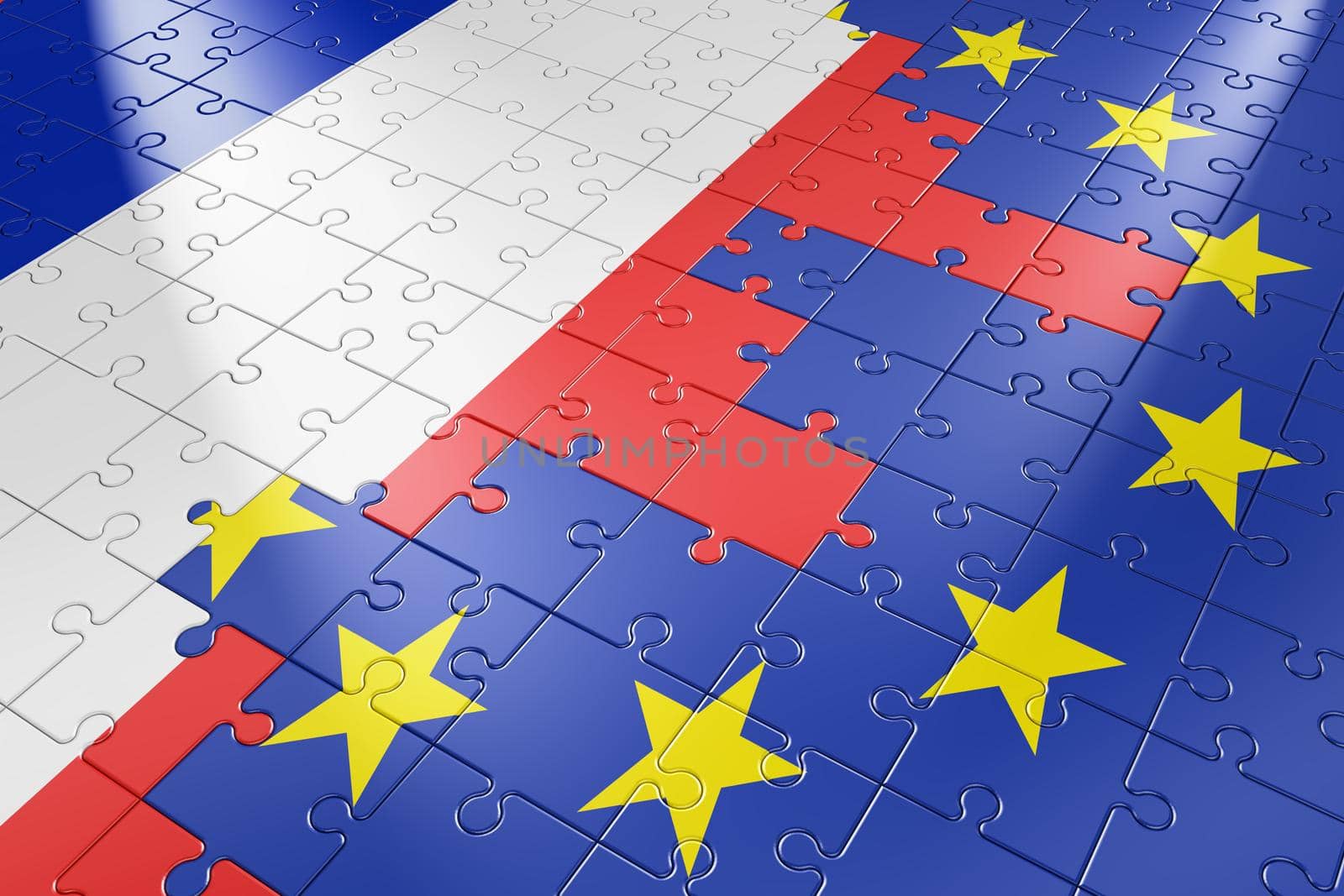 puzzle in the form of flags of the European Union and the France. 3d render.