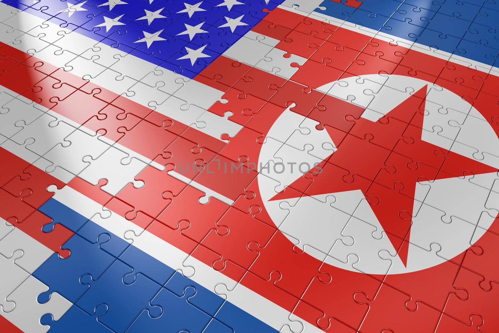 puzzles in the form of flags of North Korea and USA. 3d render.