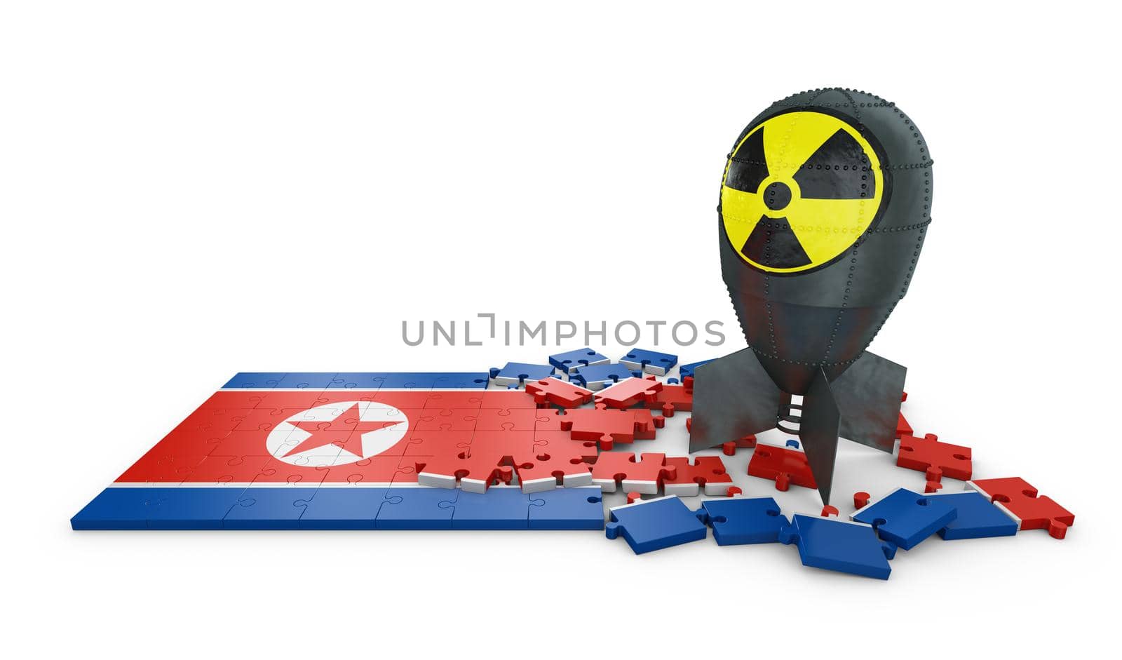 Puzzles with the image of the flag of North Korea and the atomic bomb. 3d rendering.