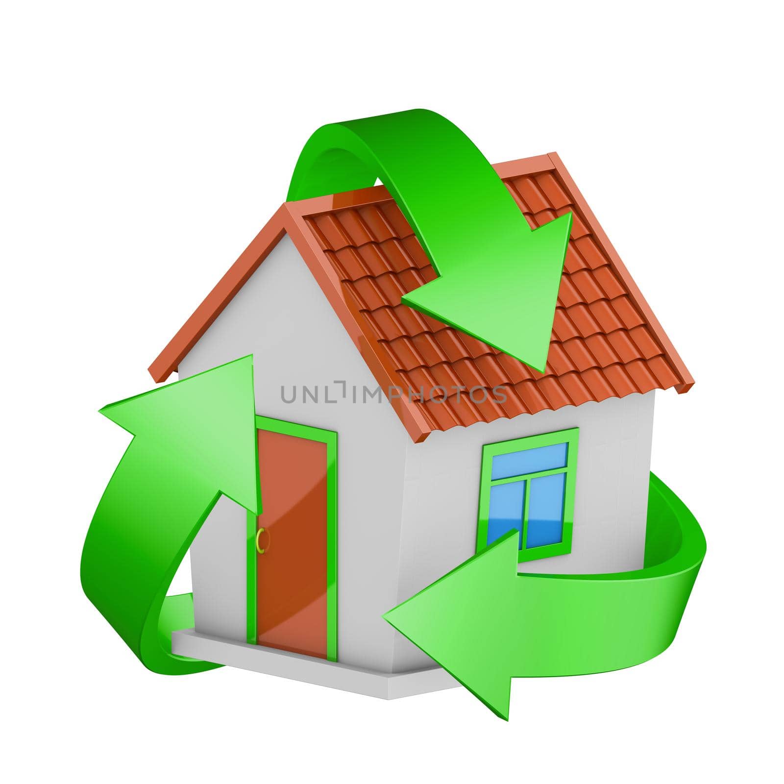 Recycling sign and a house on a white background. 3D rendering.